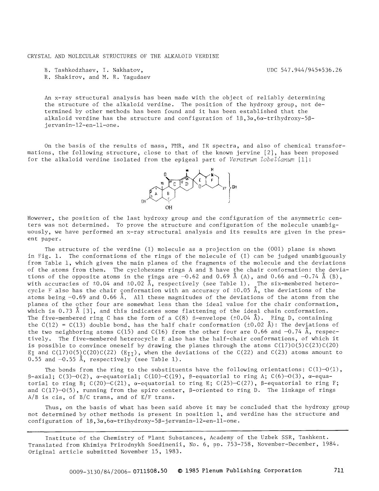 Crystal and molecular structures of the alkaloid verdine by Unknown