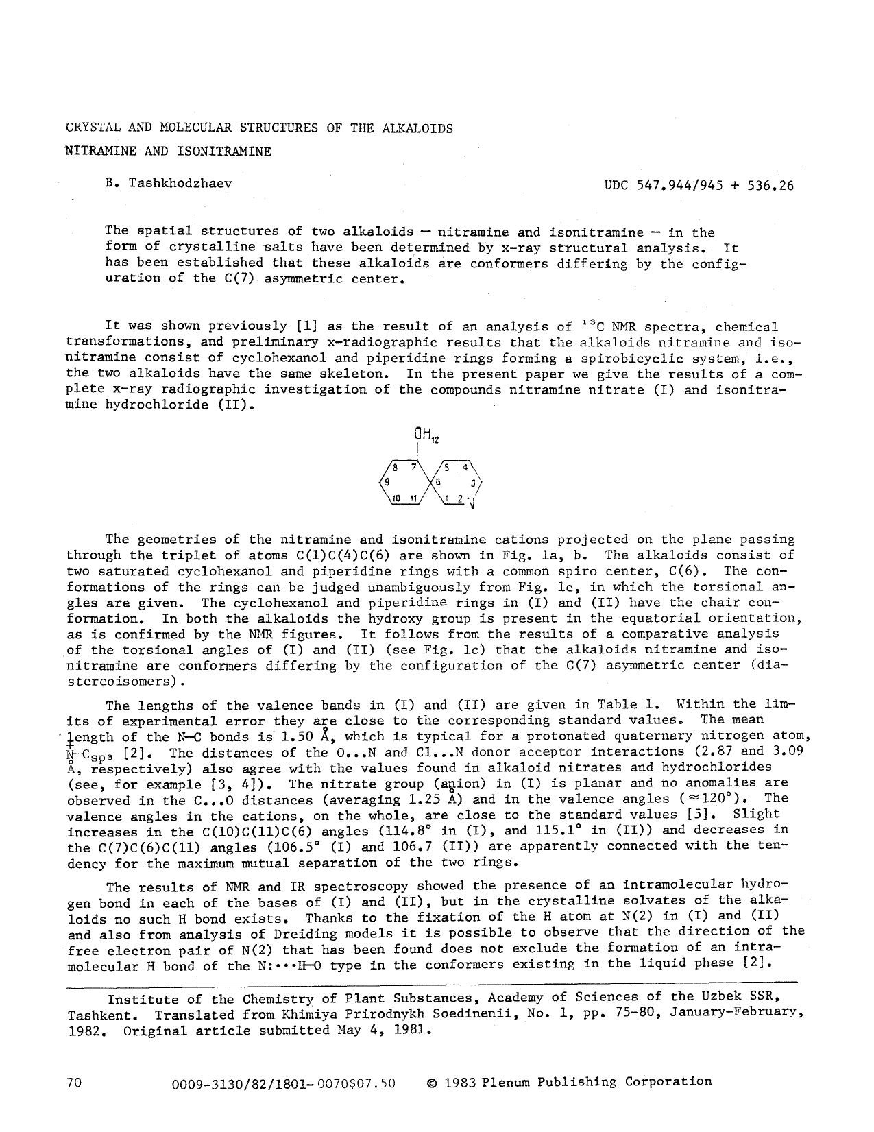 Crystal and molecular structures of the alkaloids nitramine and isonitramine by Unknown