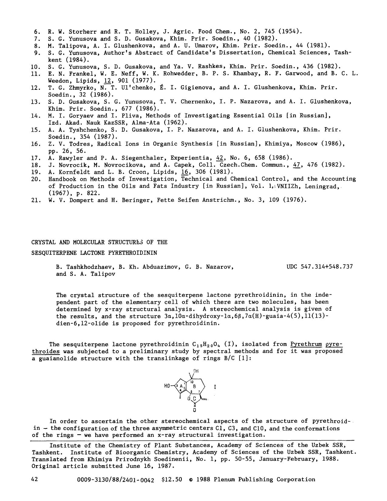 Crystal and molecular structures of the sesquiterpene lactone pyrethroidinin by Unknown