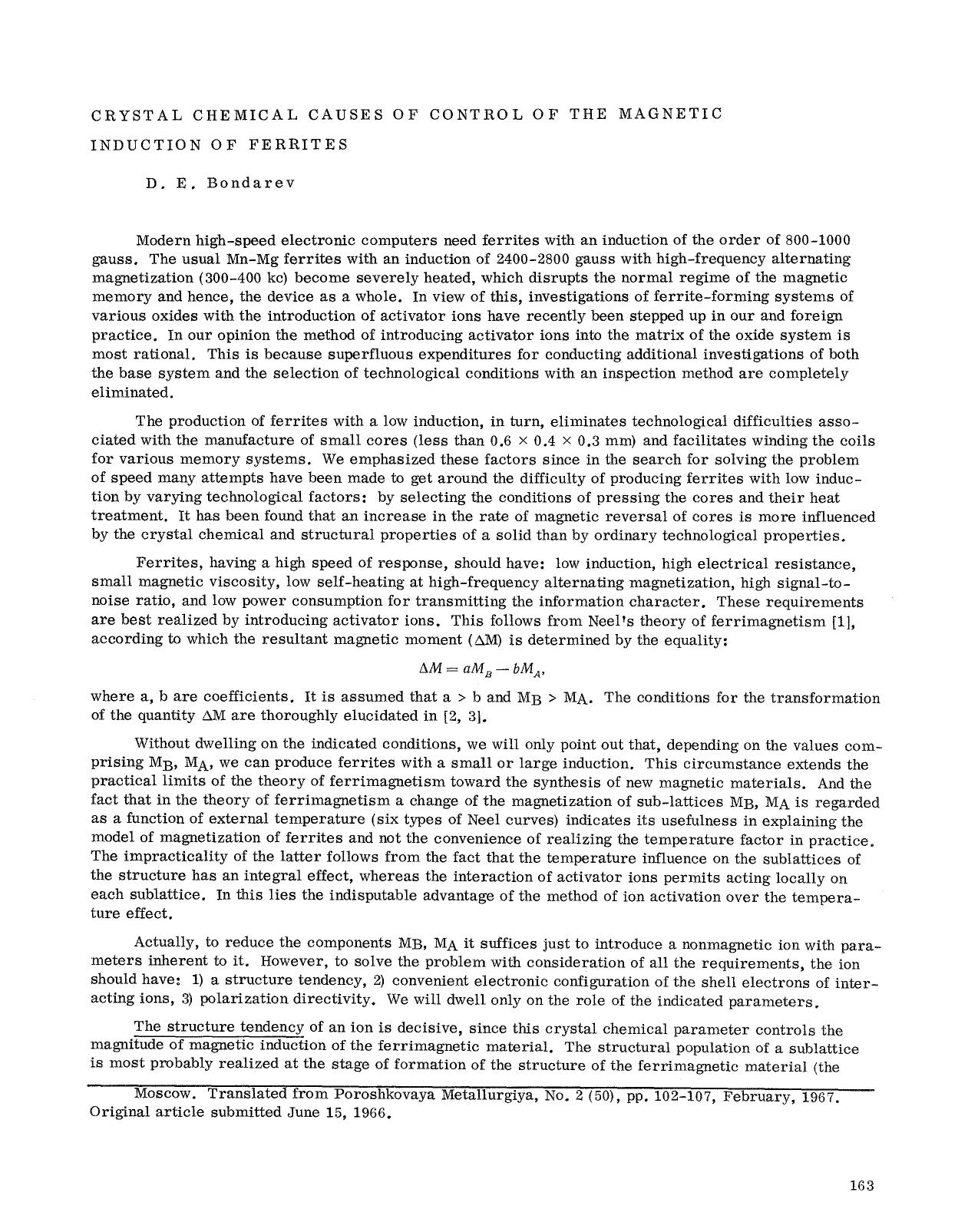 Crystal chemical causes of control of the magnetic induction of ferrites by Unknown