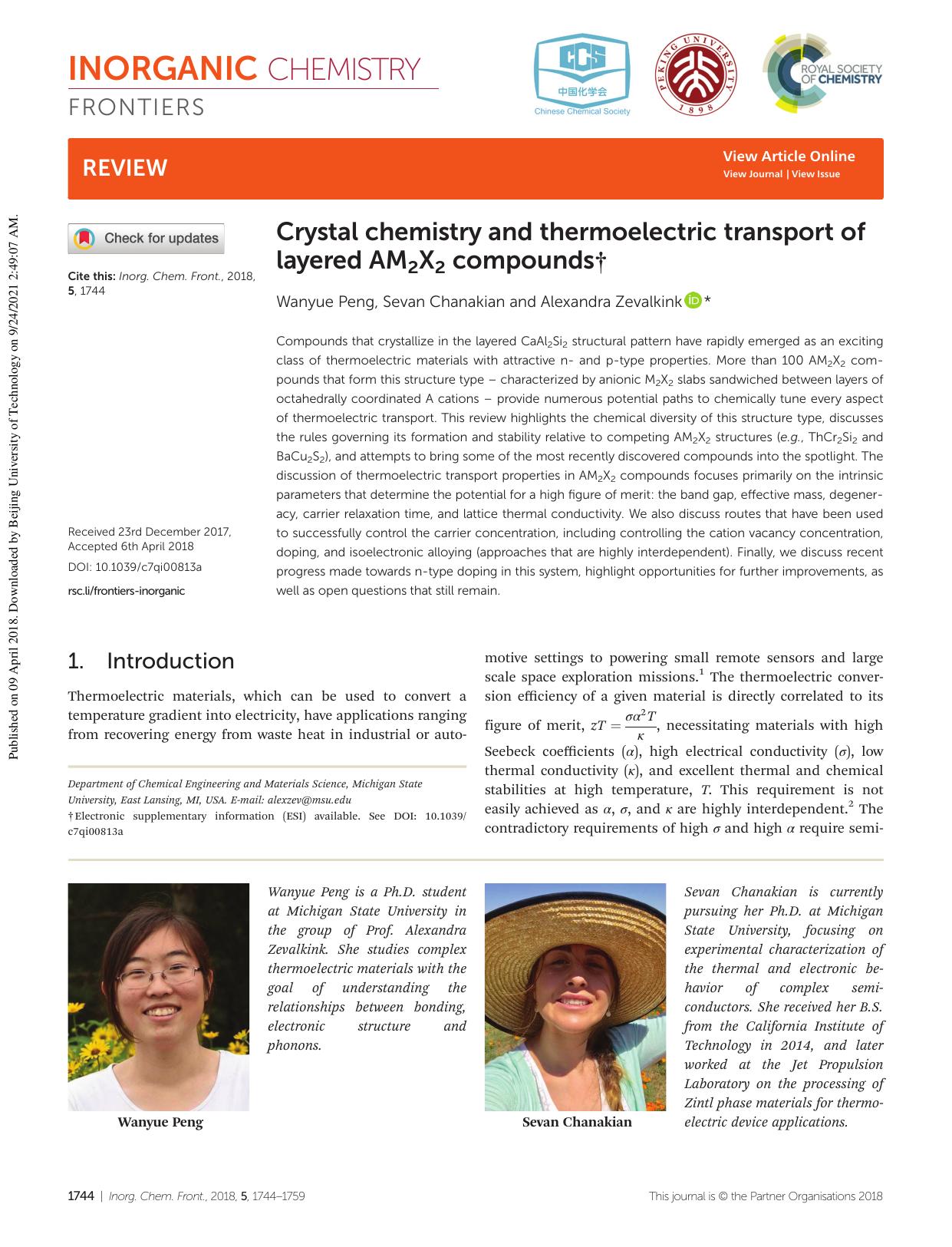 Crystal chemistry and thermoelectric transport of layered AM2X2 compounds by Wanyue Peng Sevan Chanakian Alexandra Zevalkink