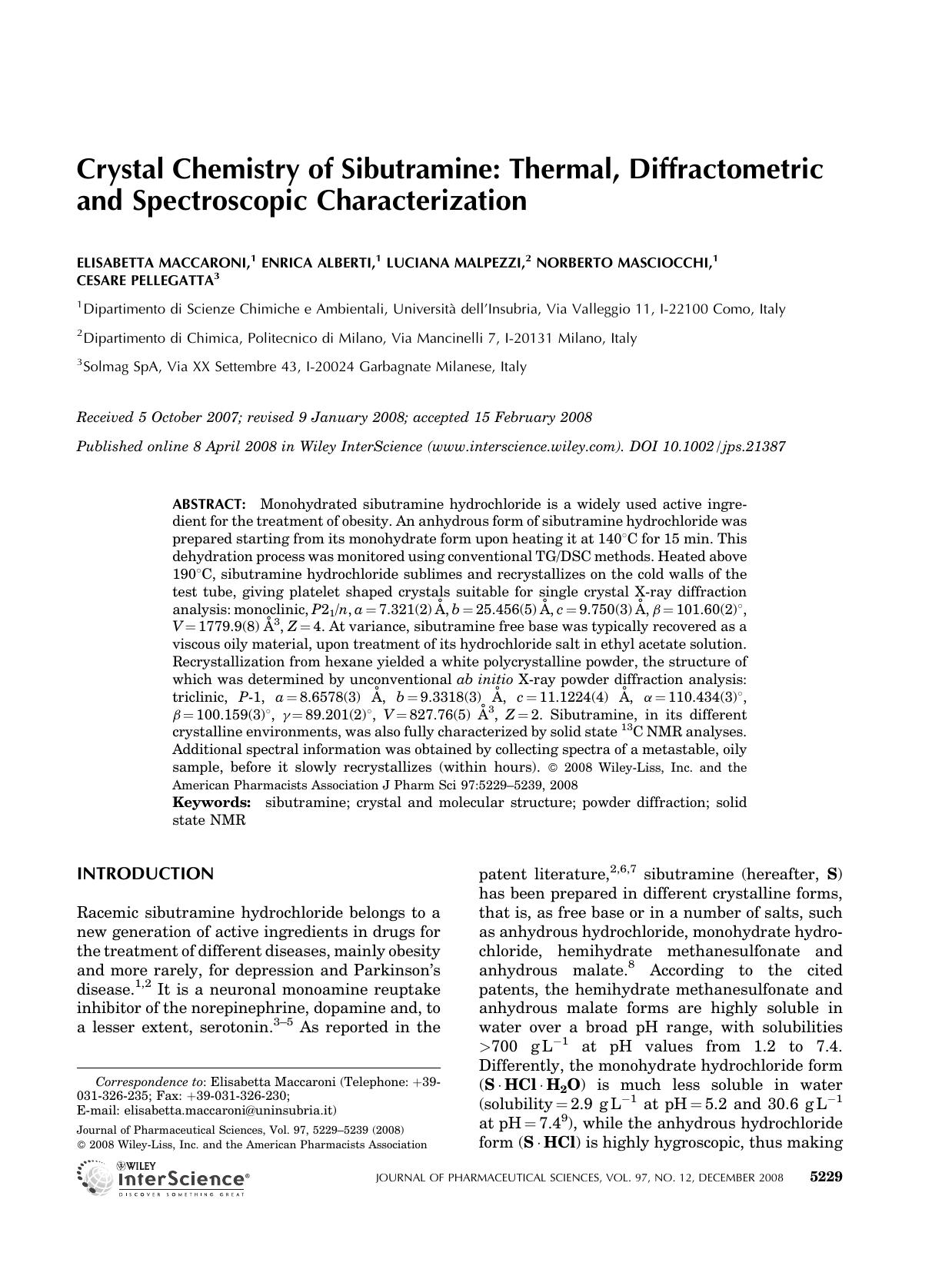 Crystal chemistry of sibutramine: Thermal, diffractometric and spectroscopic characterization by Unknown