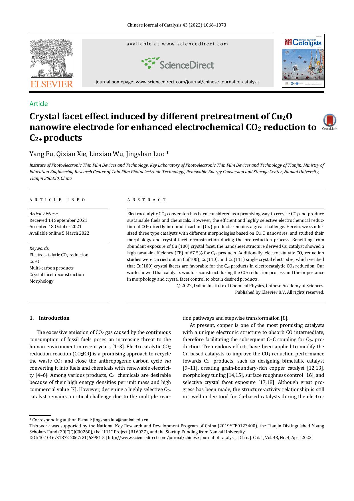 Crystal facet effect induced by different pretreatment of Cu2O nanowire electrode for enhanced electrochemical CO2 reduction to C2+ products by Yang Fu & Qixian Xie & Linxiao Wu & Jingshan Luo