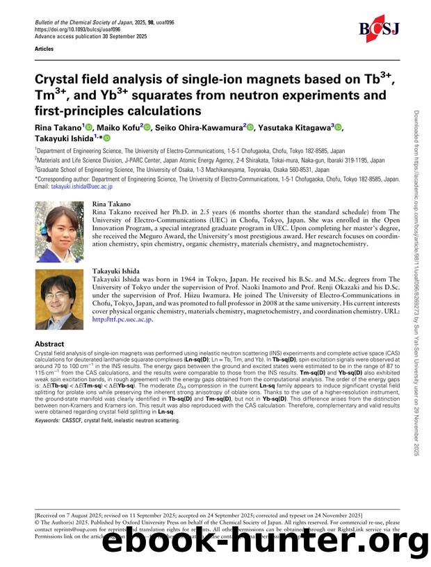 Crystal field analysis of single-ion magnets based on Tb3+, Tm3+, and Yb3+ squarates from neutron experiments and first-principles calculations by Rina Takano & Maiko Kofu & Seiko Ohira-Kawamura & Yasutaka Kitagawa & Takayuki Ishida