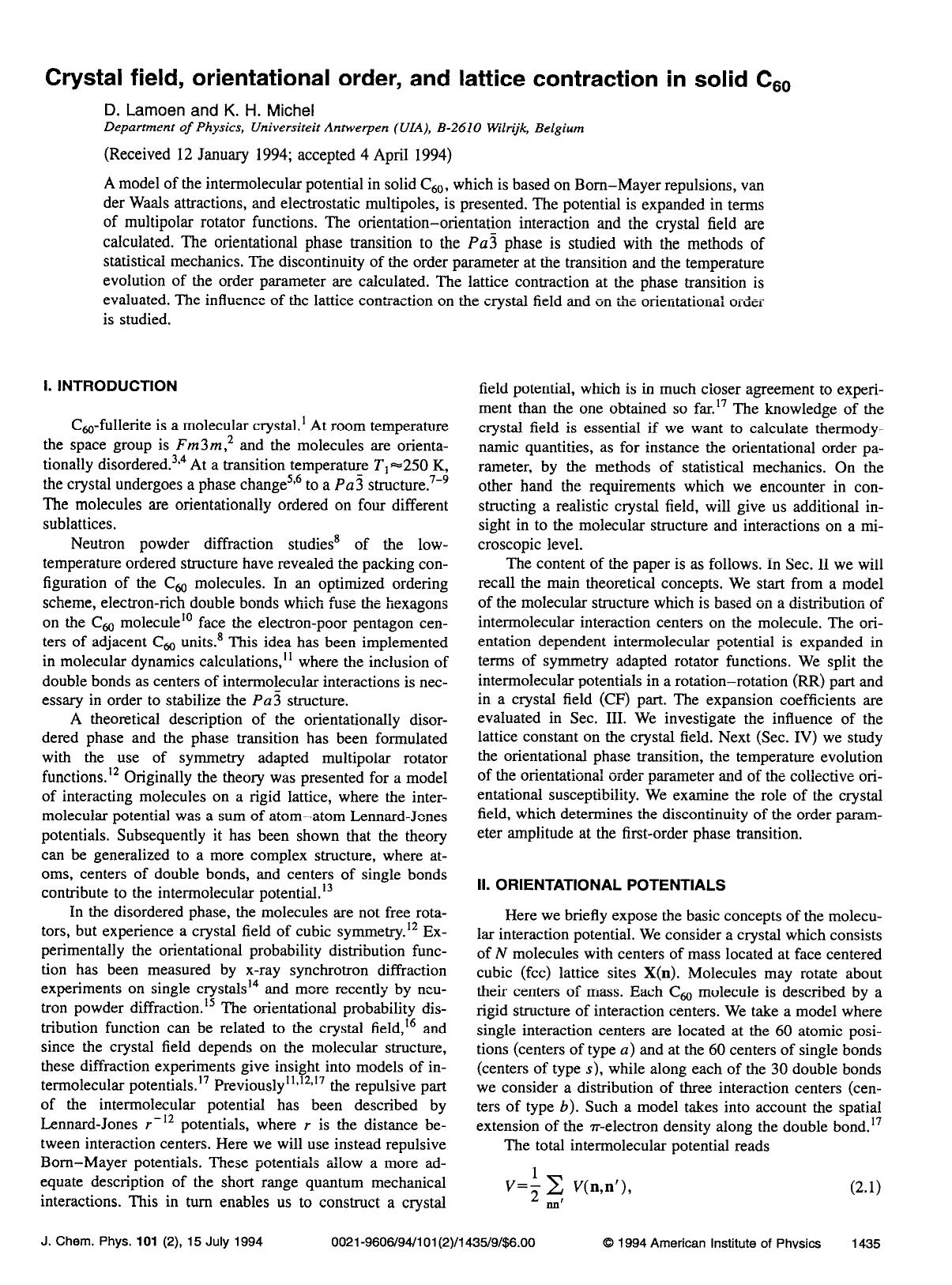 Crystal field, orientational order, and lattice contraction in solid C60 by D. Lamoen; K. H. Michel