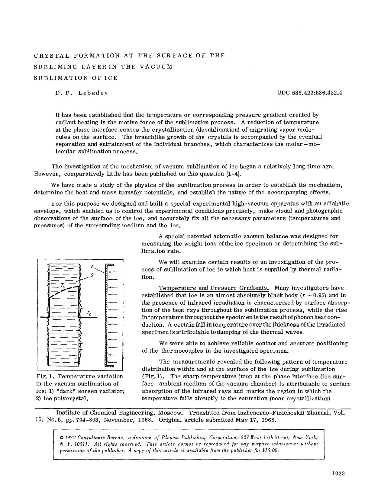 Crystal formation at the surface of the subliming layer in the vacuum sublimation of ice by Unknown