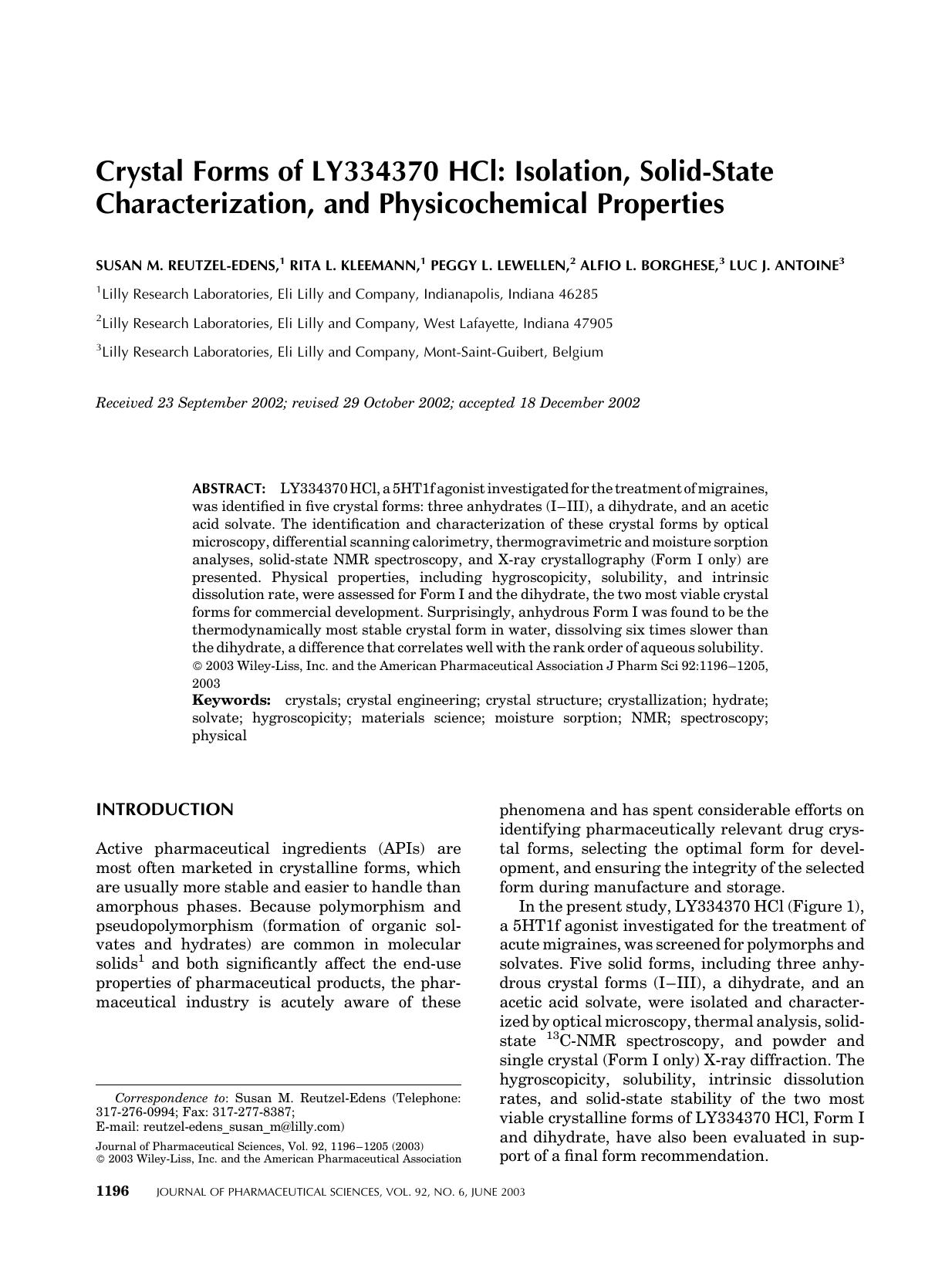 Crystal forms of LY334370 HCl: Isolation, solid-state characterization, and physicochemical properties by Unknown