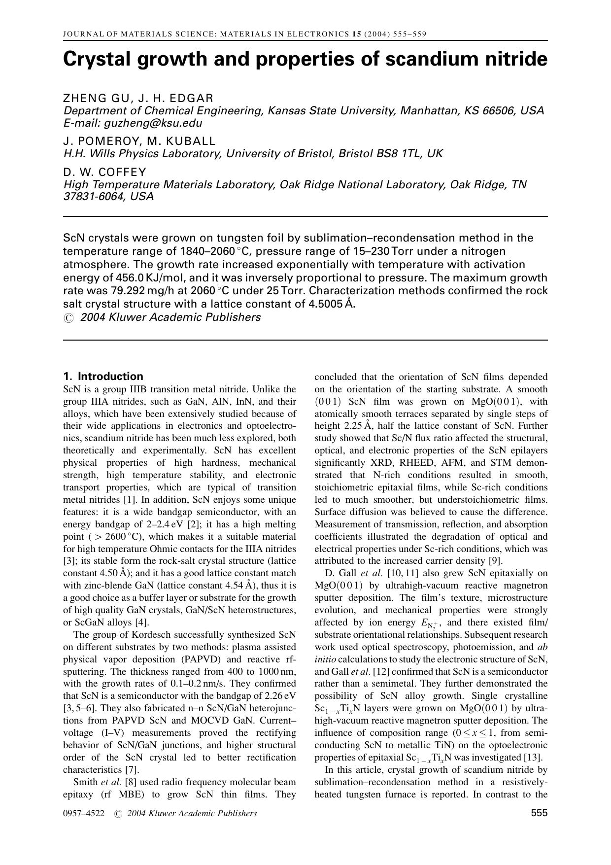 Crystal growth and properties of scandium nitride by Unknown