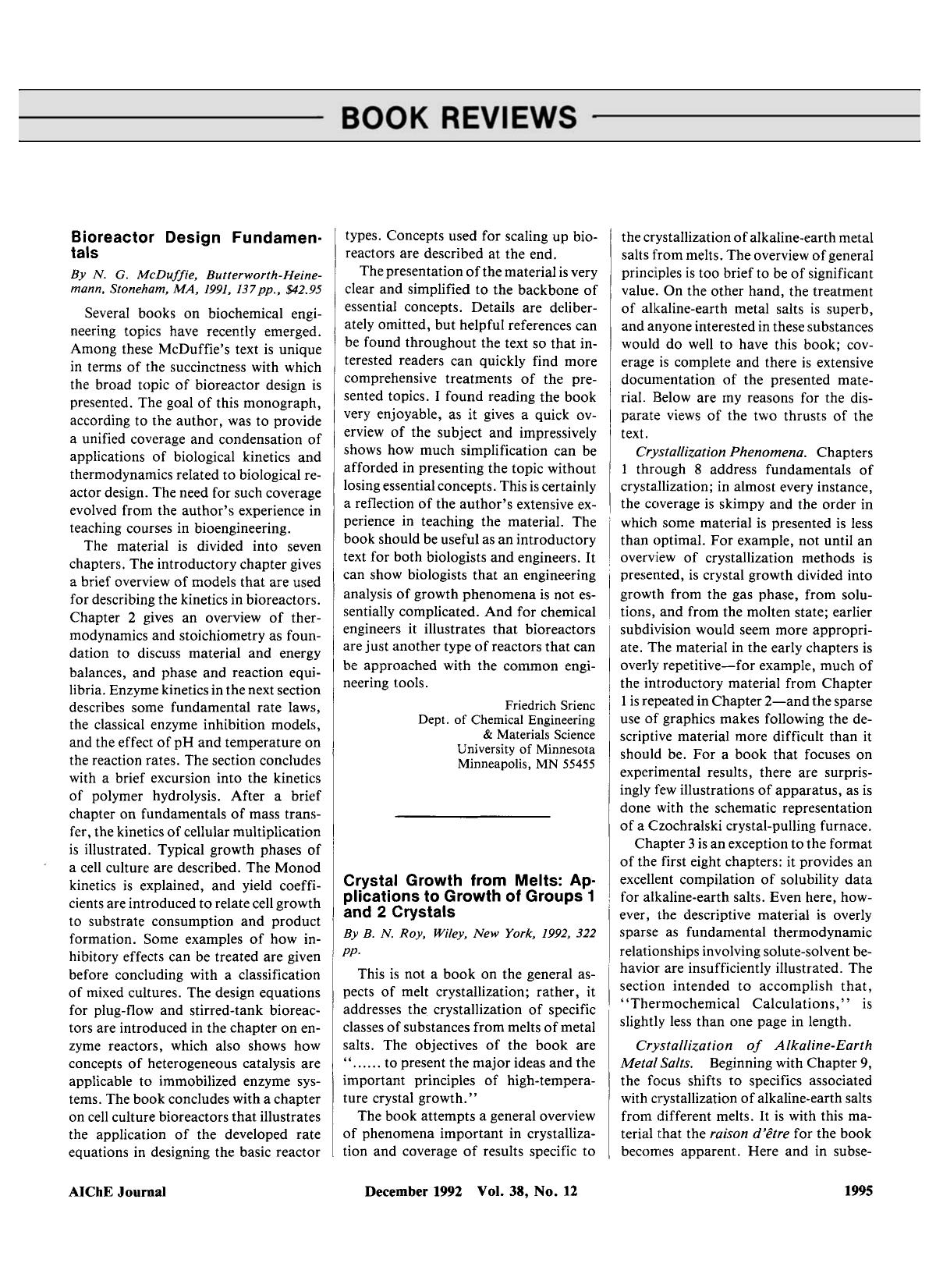 Crystal growth from metals: Applications to growth of groups 1 and 2 crystals. By B. N. Roy, Wiley, New York, 1992, 322 pp. by Unknown