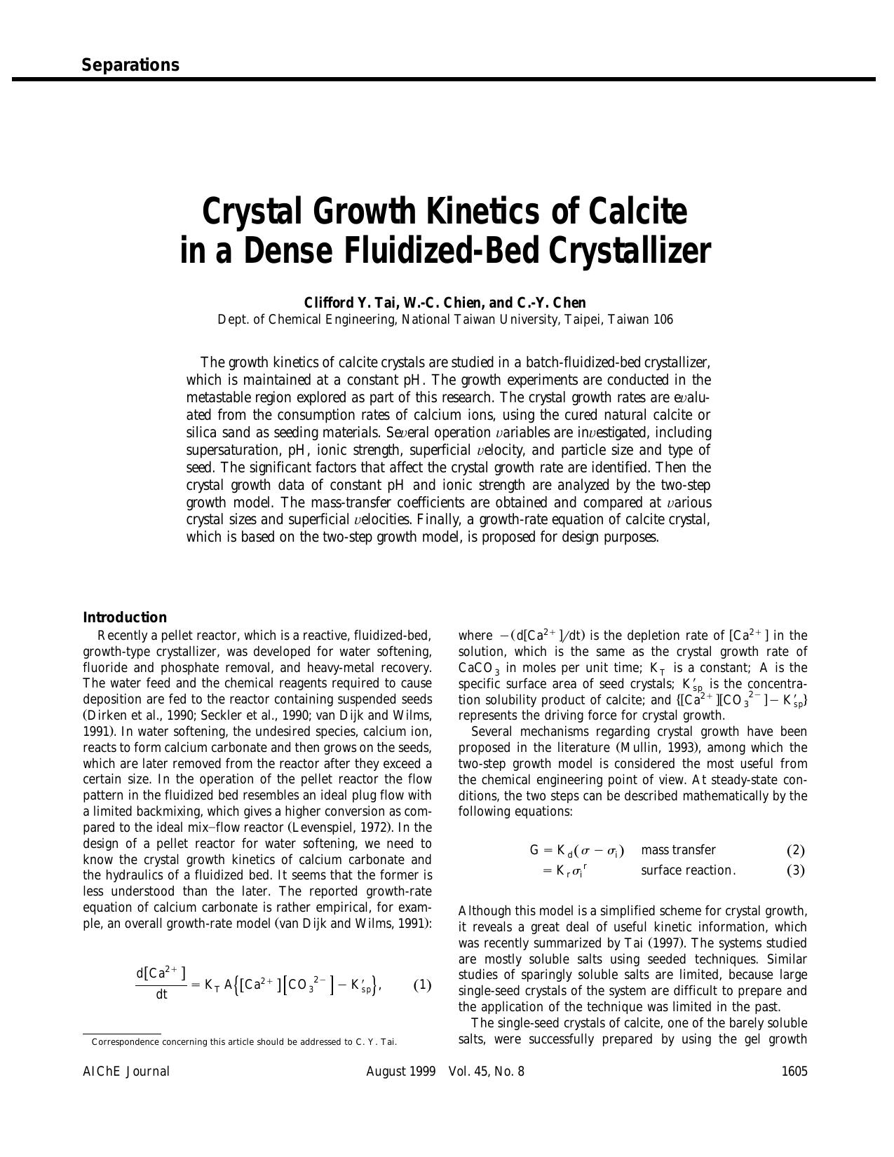 Crystal growth kinetics of calcite in a dense fluidized-bed crystallizer by ?