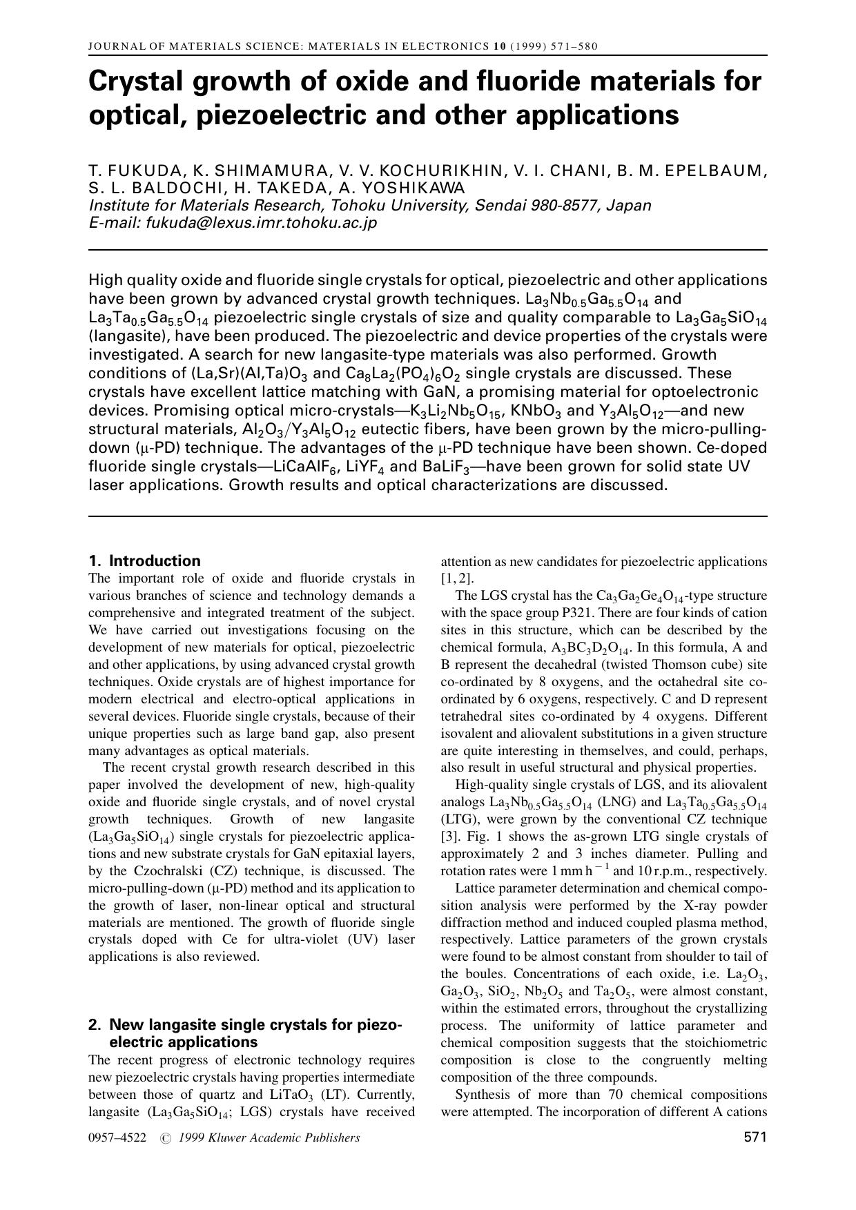 Crystal growth of oxide and fluoride materials for optical, piezoelectric and other applications by Unknown
