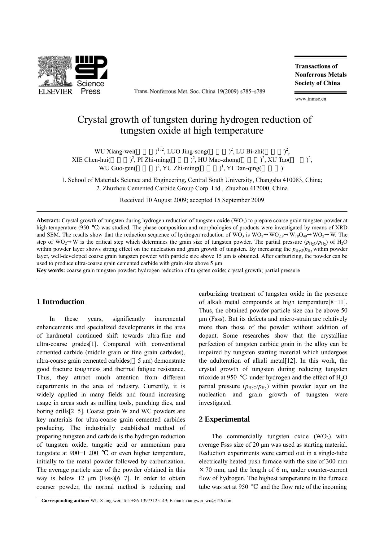 Crystal growth of tungsten during hydrogen reduction of tungsten oxide at high temperature by WU Xiang-wei et.al
