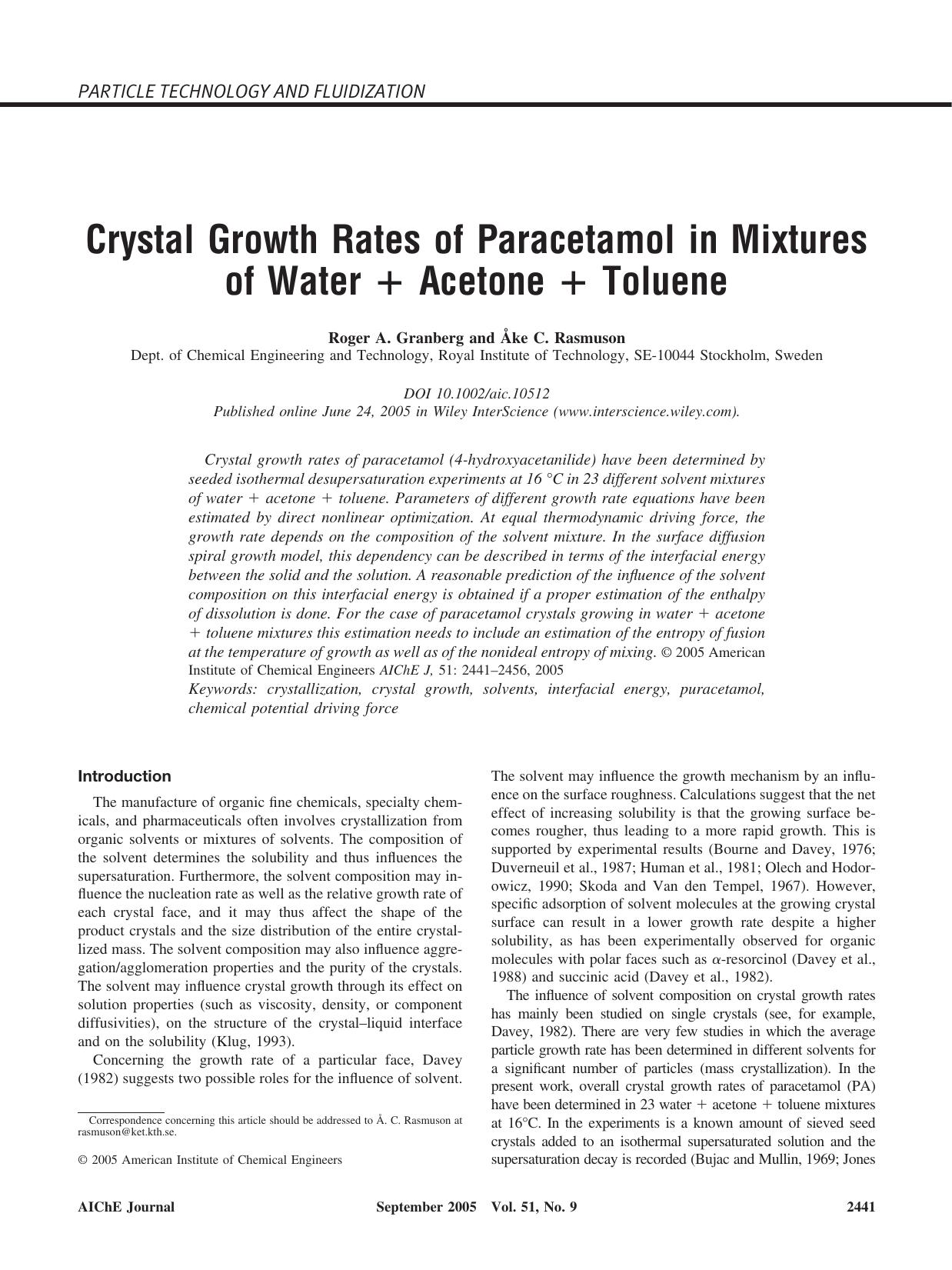 Crystal growth rates of paracetamol in mixtures of water + acetone + toluene by Unknown