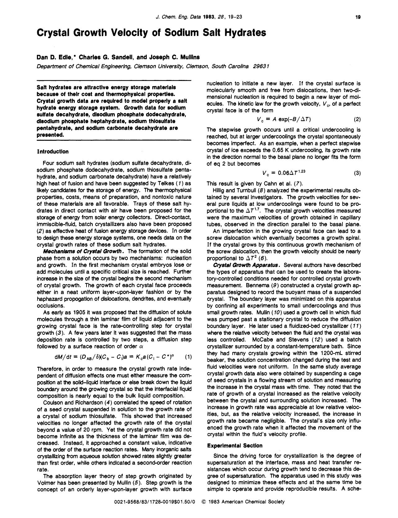 Crystal growth velocity of sodium salt hydrates by Dan D. Edie Charles G. Sandell Joseph C. Mullins