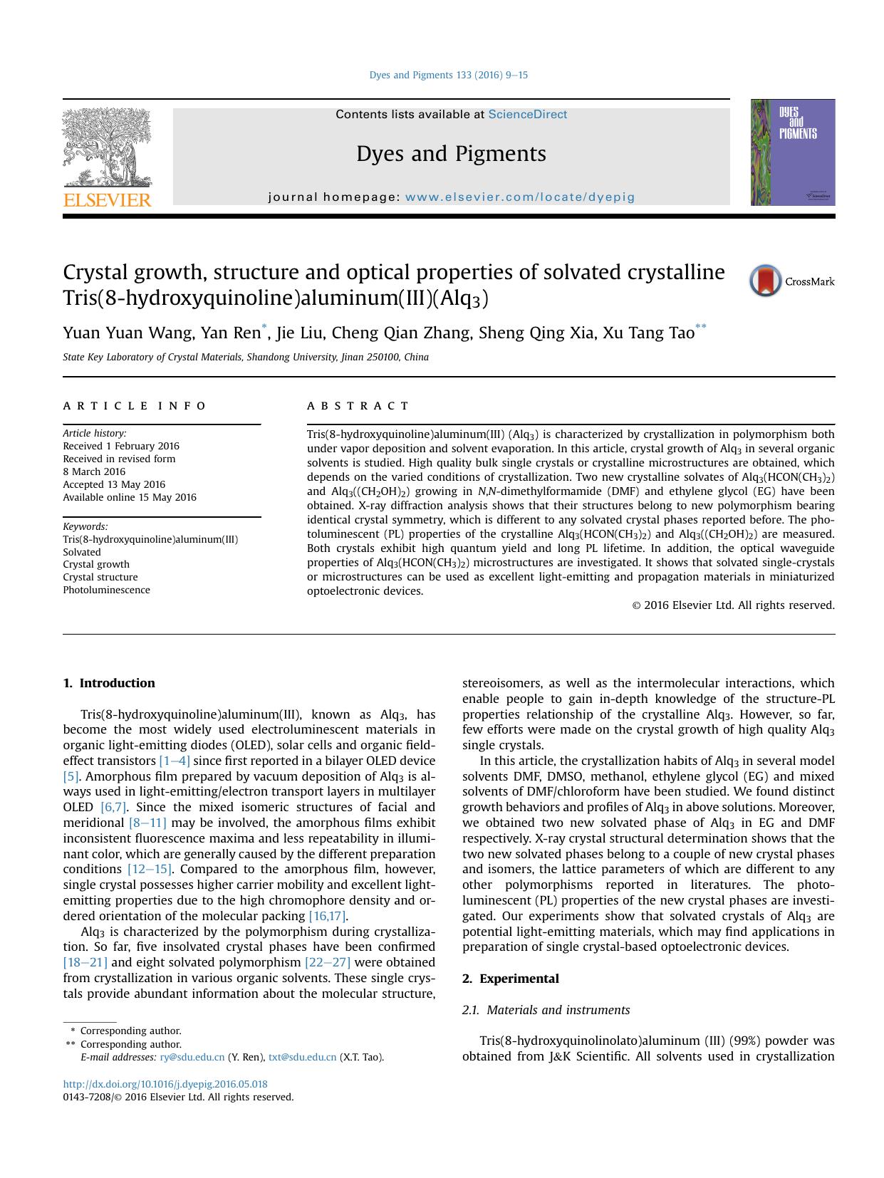 Crystal growth, structure and optical properties of solvated crystalline Tris(8-hydroxyquinoline)aluminum(III)(Alq3) by Yuan Yuan Wang & Yan Ren & Jie Liu & Cheng Qian Zhang & Sheng Qing Xia & Xu Tang Tao