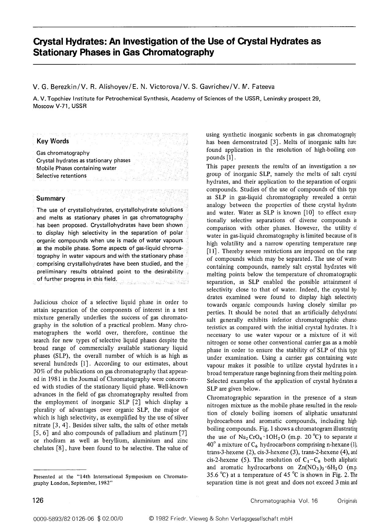 Crystal hydrates: an investigation of the use of crystal hydrates as stationary phases in gas chromatography by Unknown