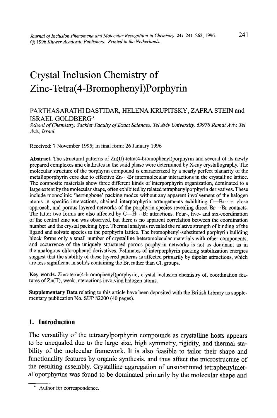 Crystal inclusion chemistry of zinc-tetra(4-bromophenyl)porphyrin by Unknown