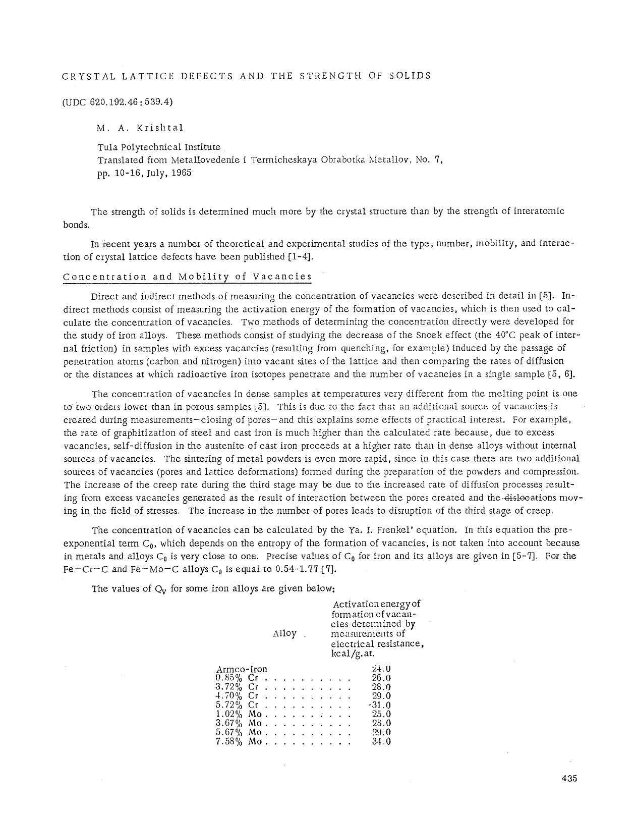 Crystal lattice defects and the strength of solids by Unknown