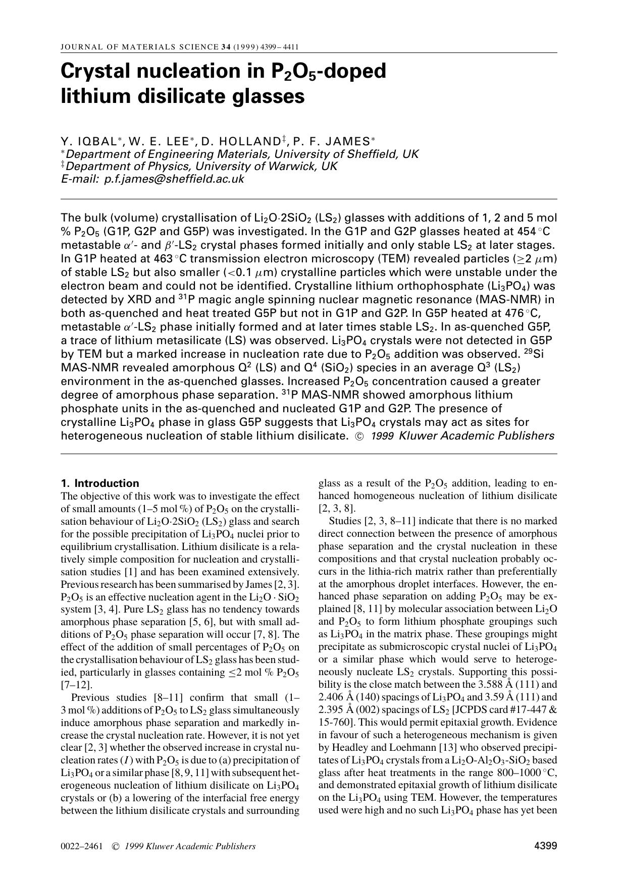 Crystal nucleation in P2O5-doped lithium disilicate glasses by Unknown