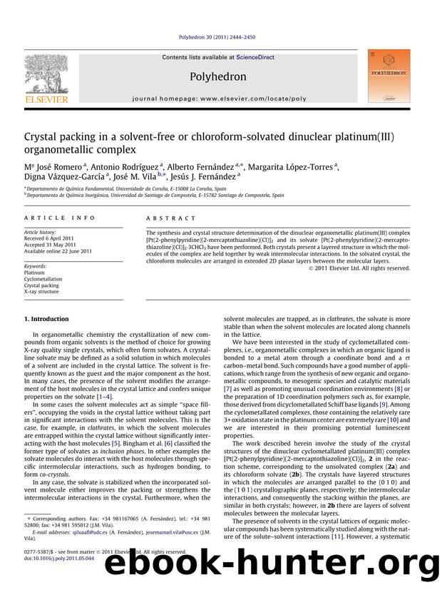 Crystal packing in a solvent-free or chloroform-solvated dinuclear platinum(III) organometallic complex by unknow