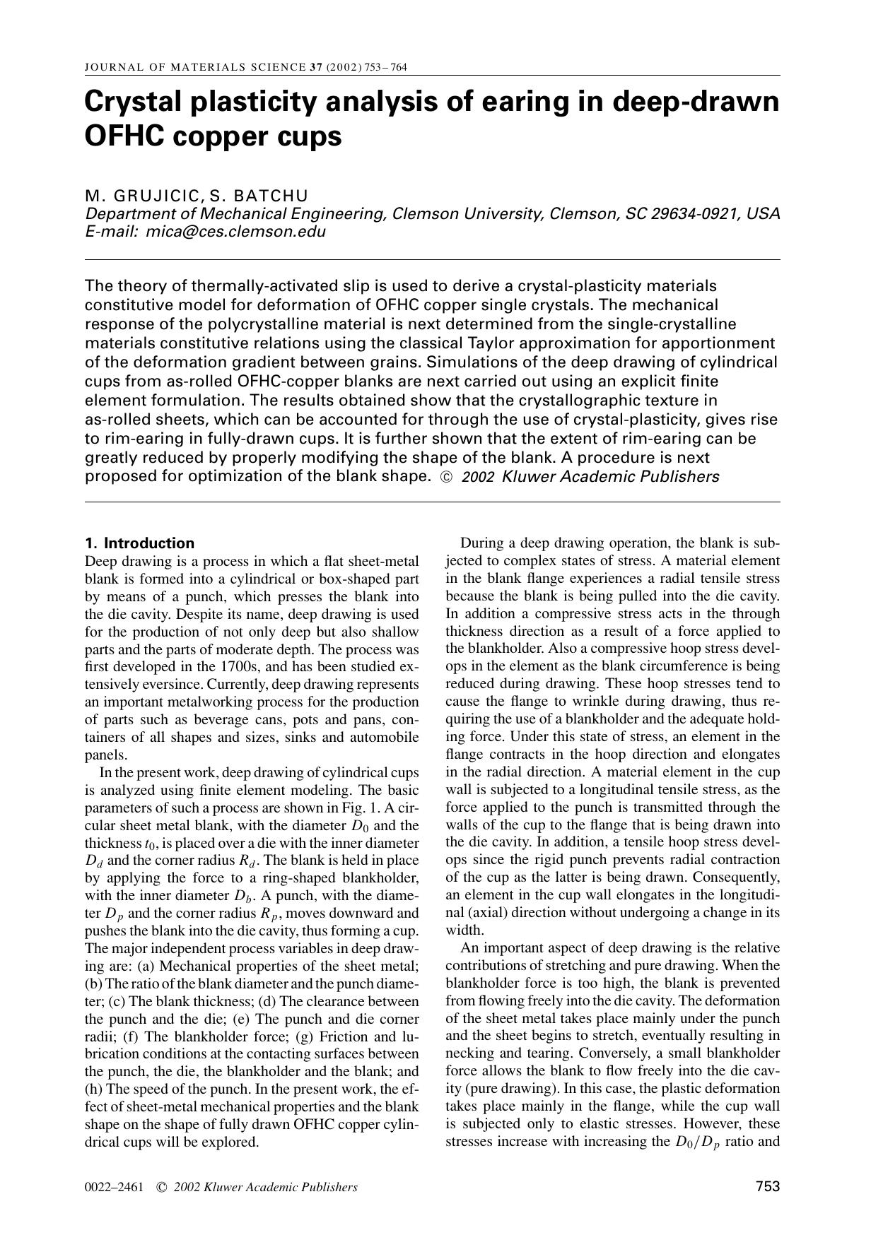 Crystal plasticity analysis of earing in deep-drawn OFHC copper cups by Unknown