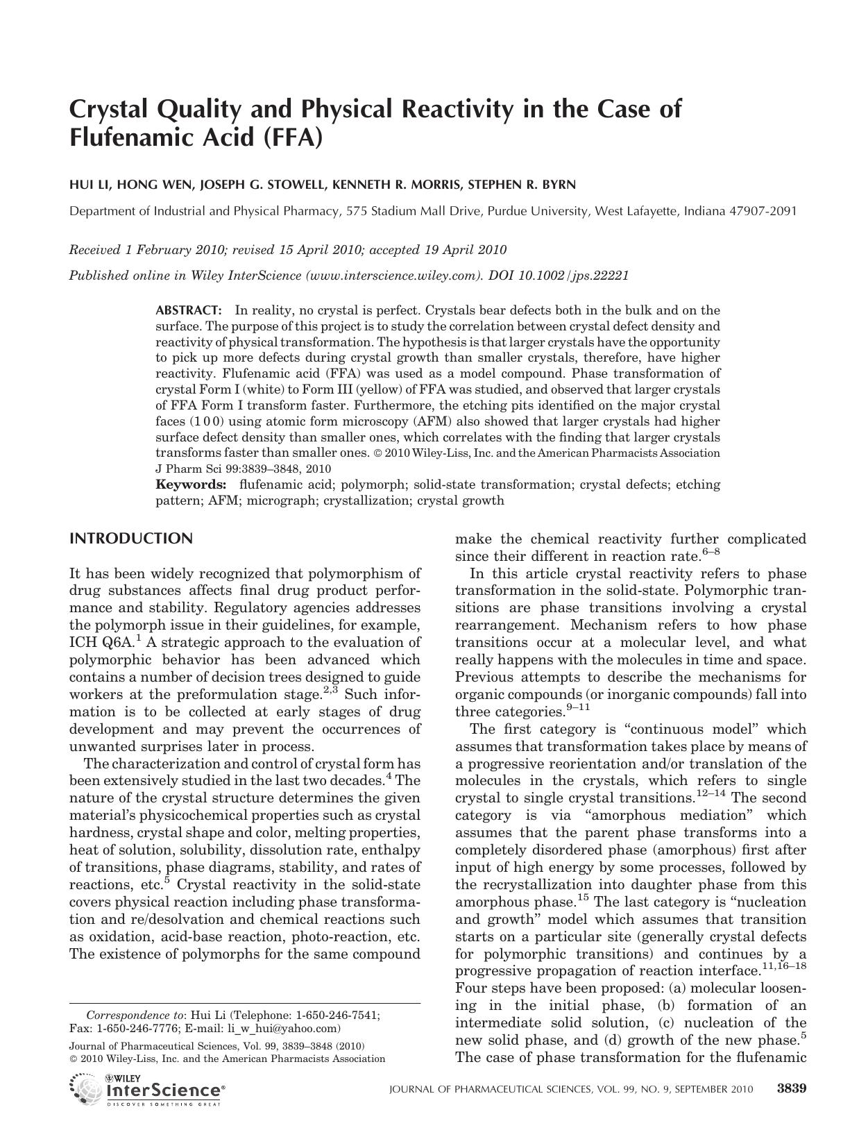 Crystal quality and physical reactivity in the case of flufenamic acid (FFA) by Unknown