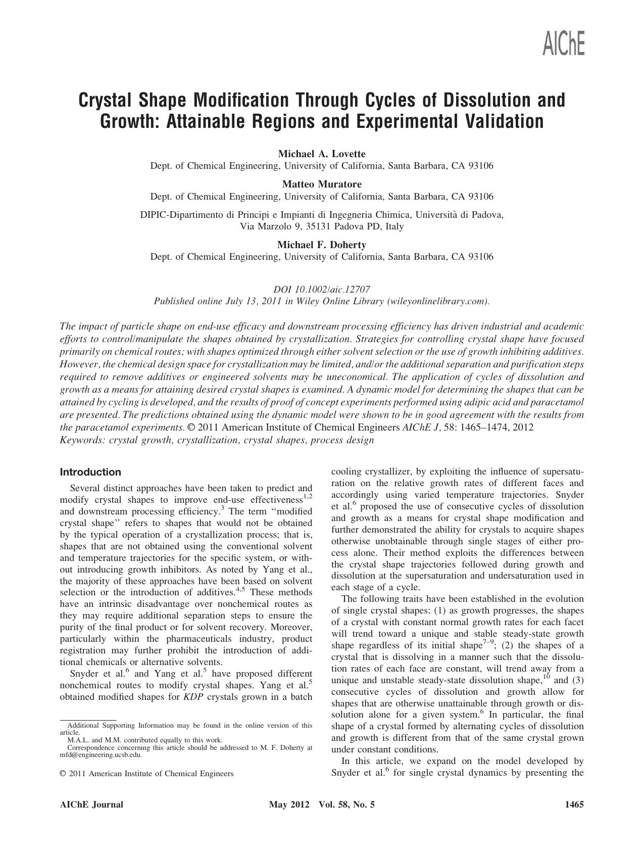 Crystal shape modification through cycles of dissolution and growth: Attainable regions and experimental validation by Unknown