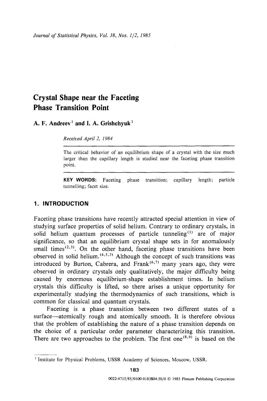 Crystal shape near the faceting phase transition point by Unknown