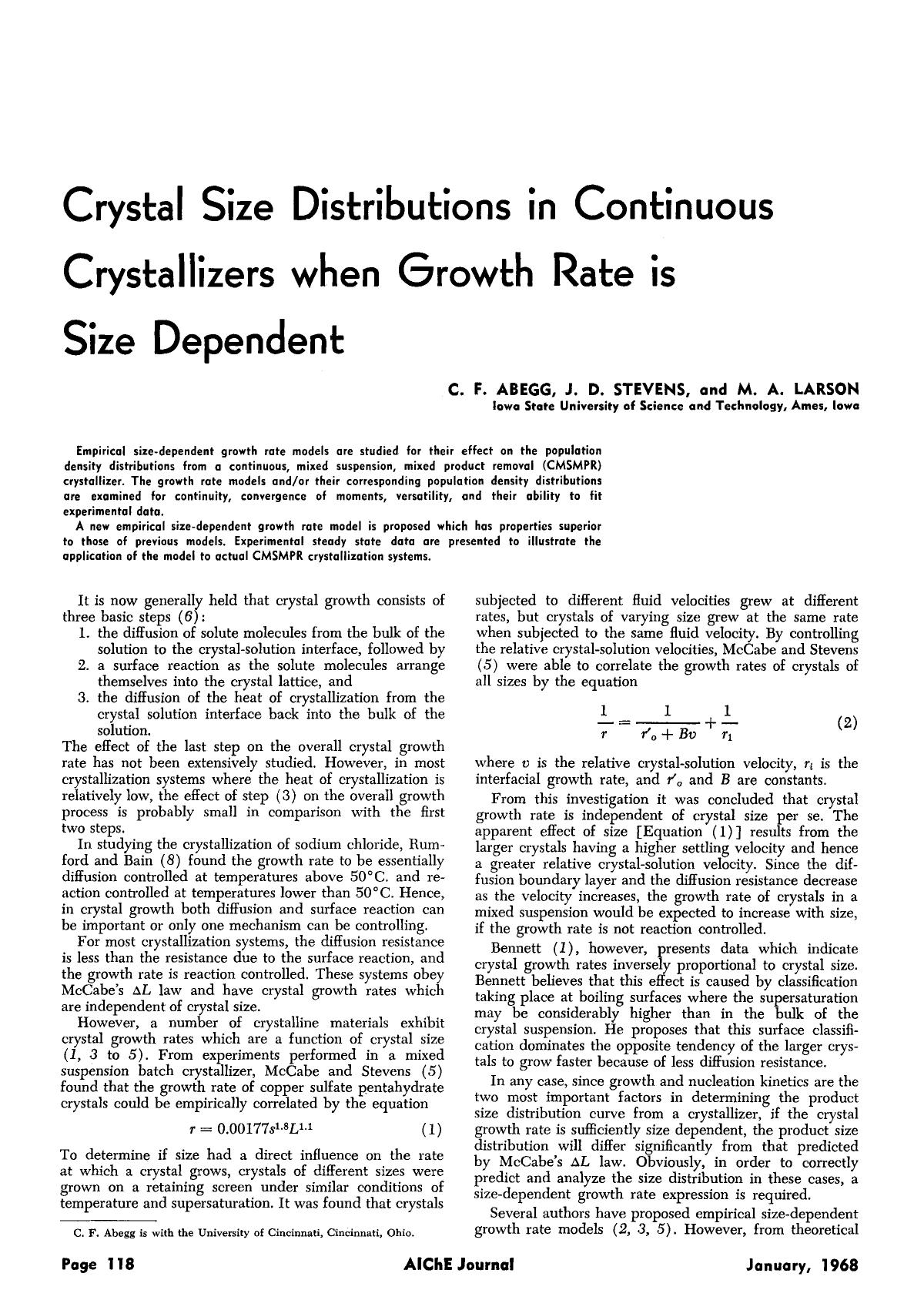 Crystal size distributions in continuous crystallizers when growth rate is size dependent by Unknown