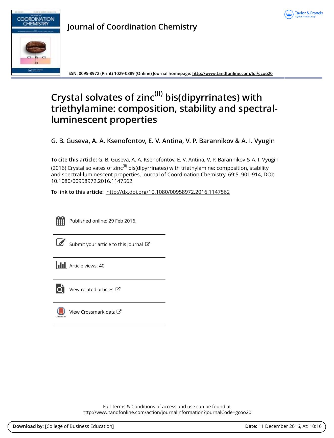 Crystal solvates of zinc(II) bis(dipyrrinates) with triethylamine: composition, stability and spectral-luminescent properties by G. B. Guseva & A. A. Ksenofontov & E. V. Antina & V. P. Barannikov & A. I. Vyugin