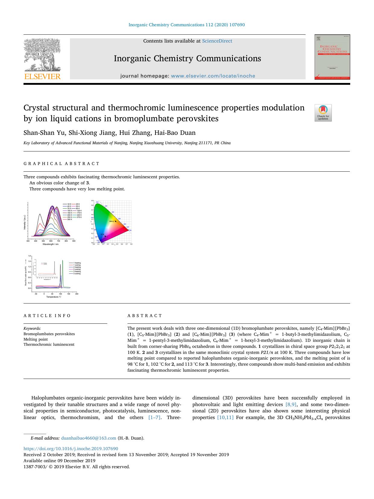 Crystal structural and thermochromic luminescence properties modulation by ion liquid cations in bromoplumbate perovskites by Shan-Shan Yu