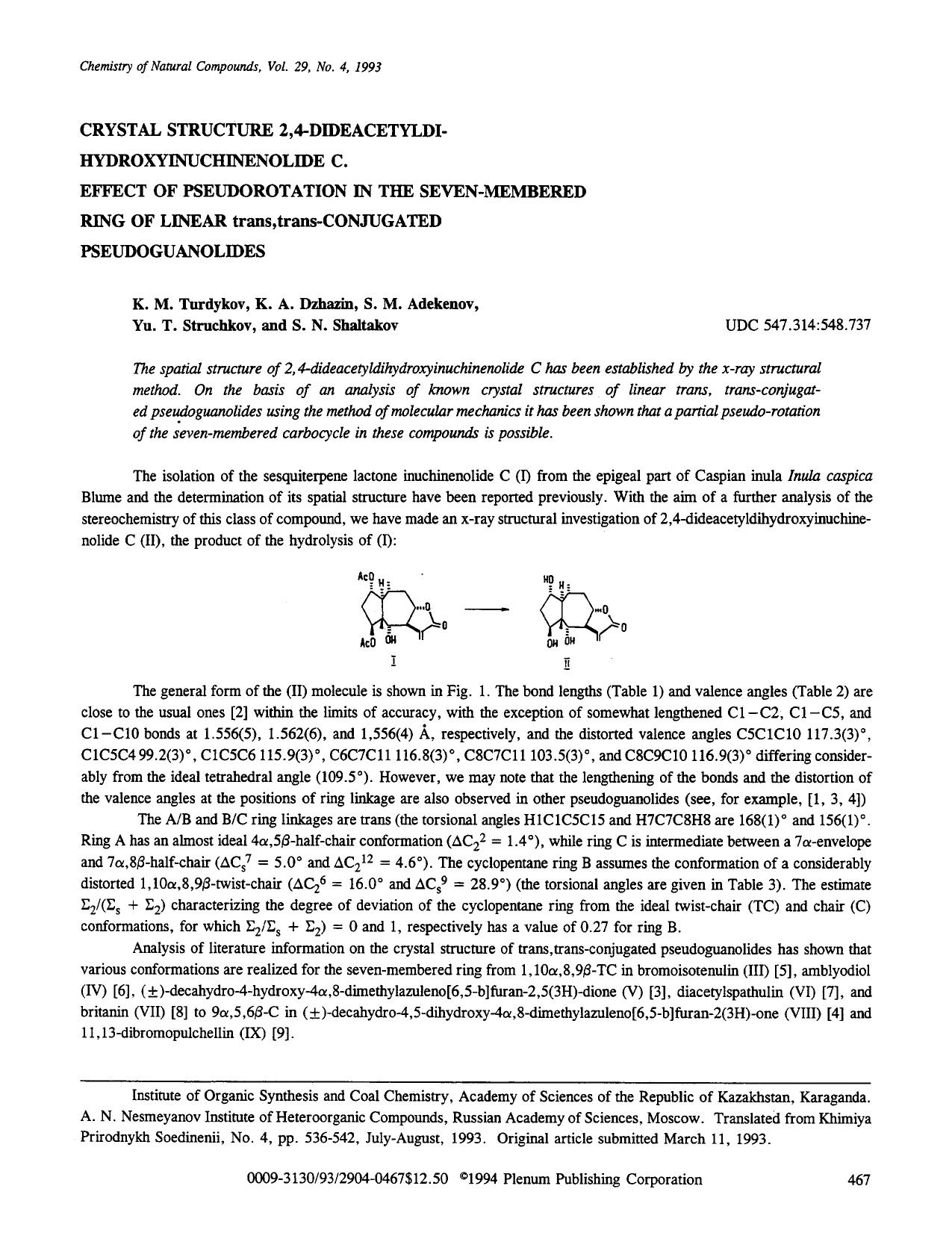 Crystal structure 2,4-dideacetyldi-hydroxyinuchinenolide C. Effect of pseudorotation in the seven-membered ring of linear trans,trans-conjugated pseudoguanolides by Unknown