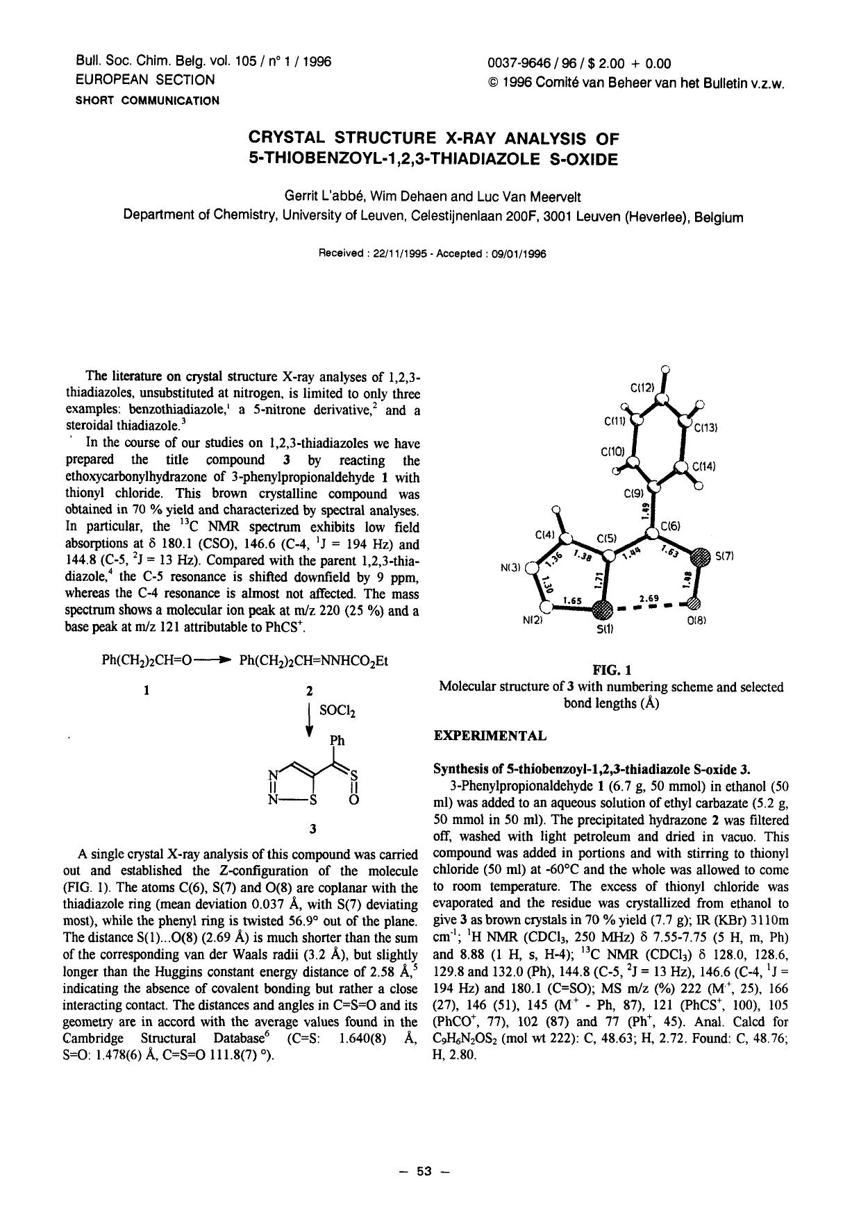 Crystal structure Xray analysis of 5thiobenzoyl1,2,3thiadiazole Soxide by Unknown