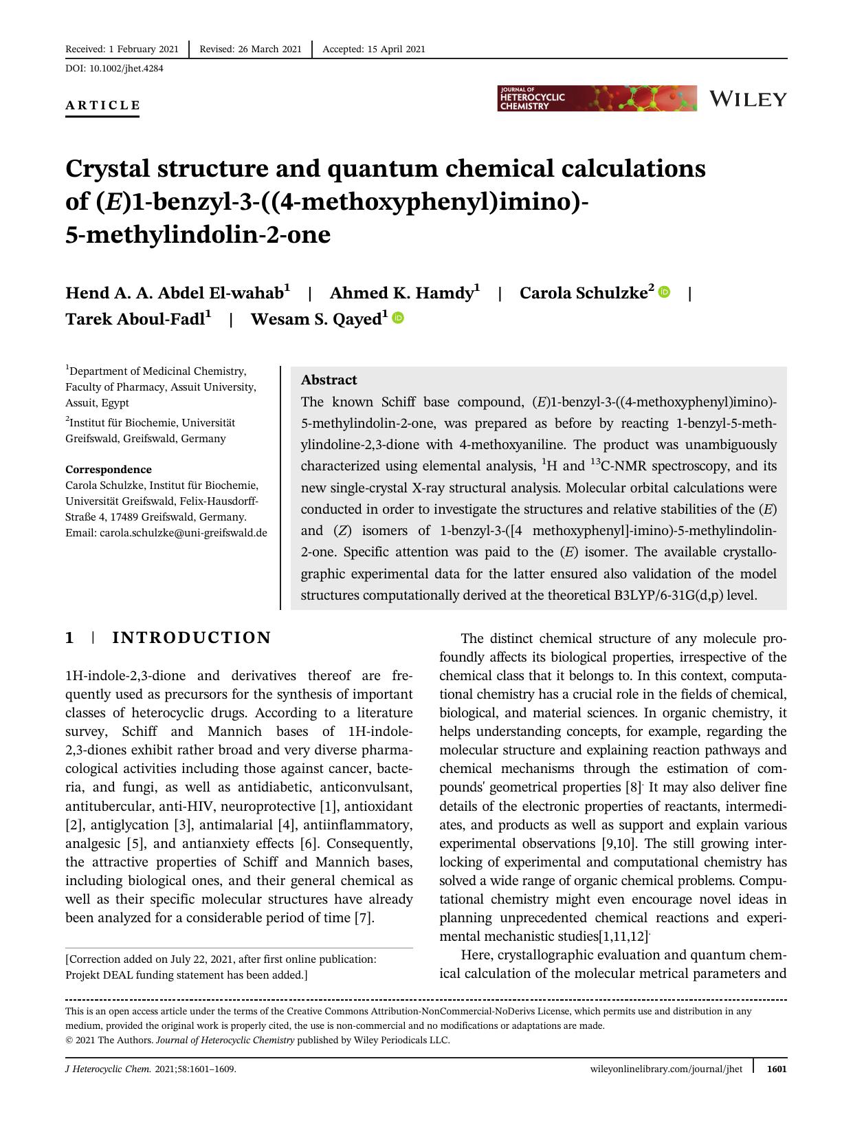 Crystal structure and Quantum Chemical Calculations of (E)1-benzyl-3-((4 methoxyphenyl)imino)-5-methylindolin-2-one by Unknown