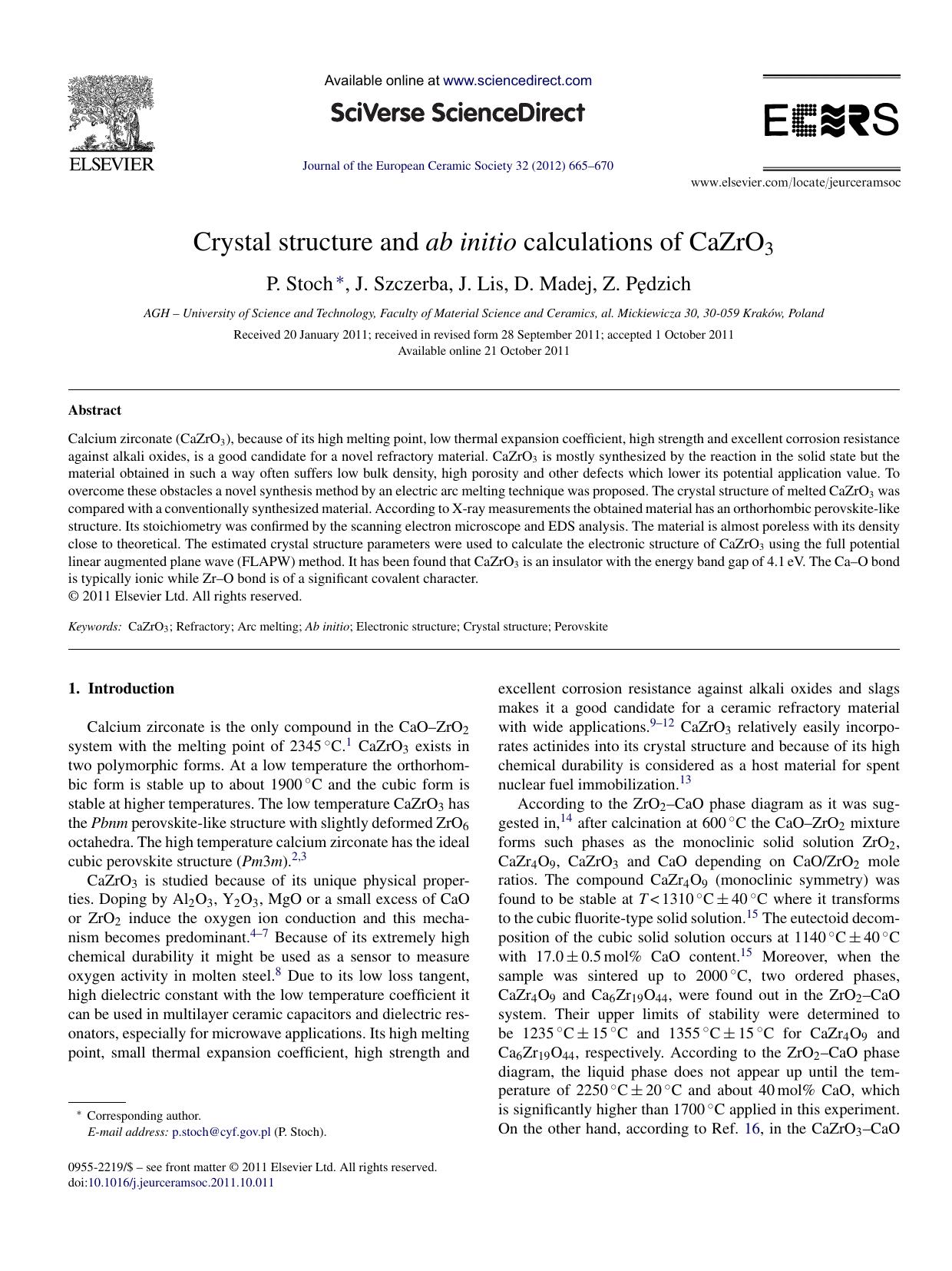 Crystal structure and ab initio calculations of CaZrO3 by P. Stoch
