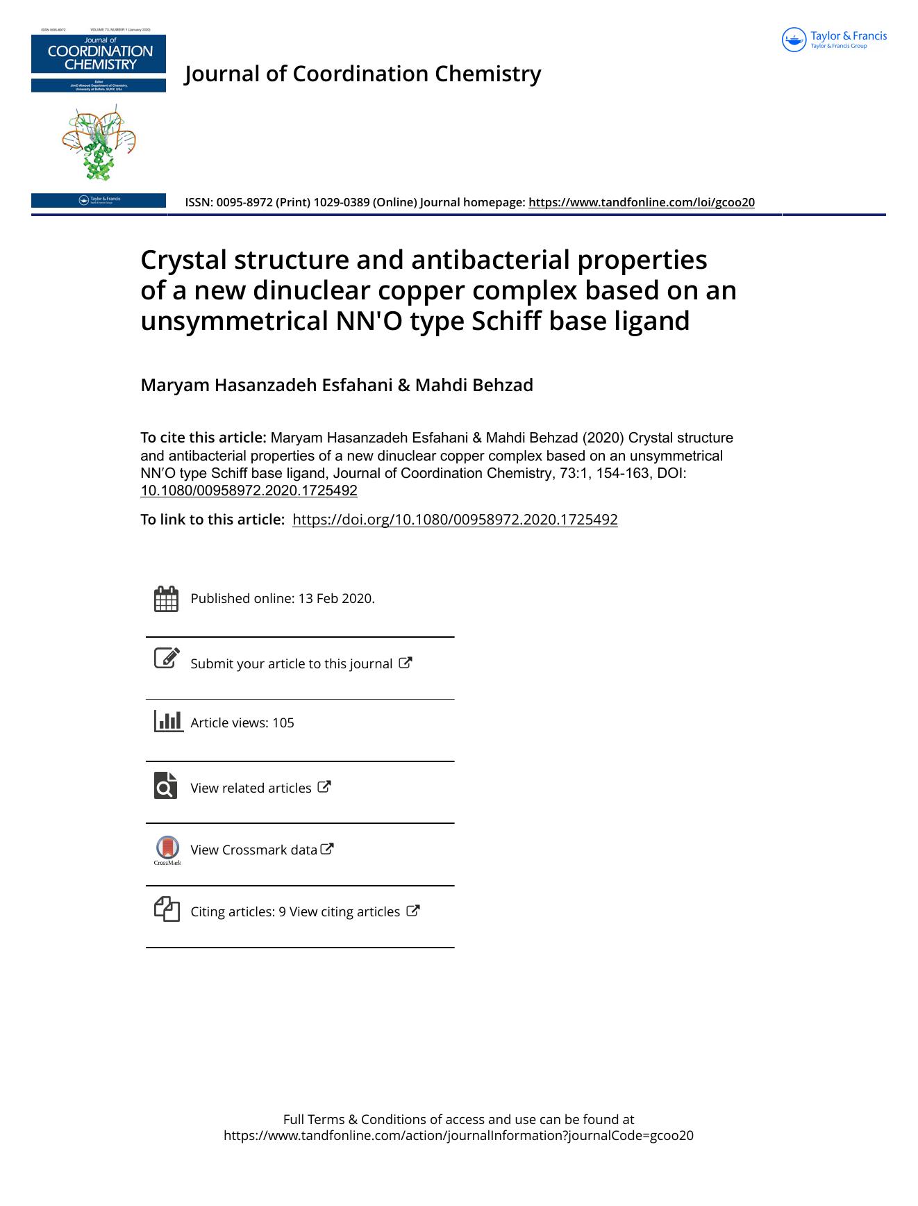 Crystal structure and antibacterial properties of a new dinuclear copper complex based on an unsymmetrical NNâ²O type Schiff base ligand by Hasanzadeh Esfahani Maryam & Behzad Mahdi