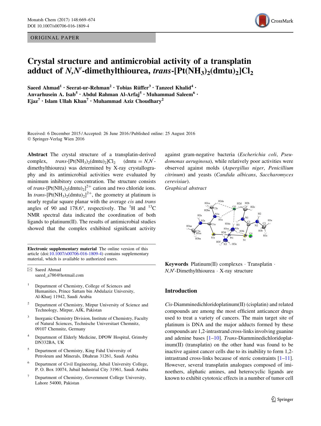 Crystal structure and antimicrobial activity of a transplatin adduct of N,Nâ²-dimethylthiourea, trans-[Pt(NH3)2(dmtu)2]Cl2 by unknow