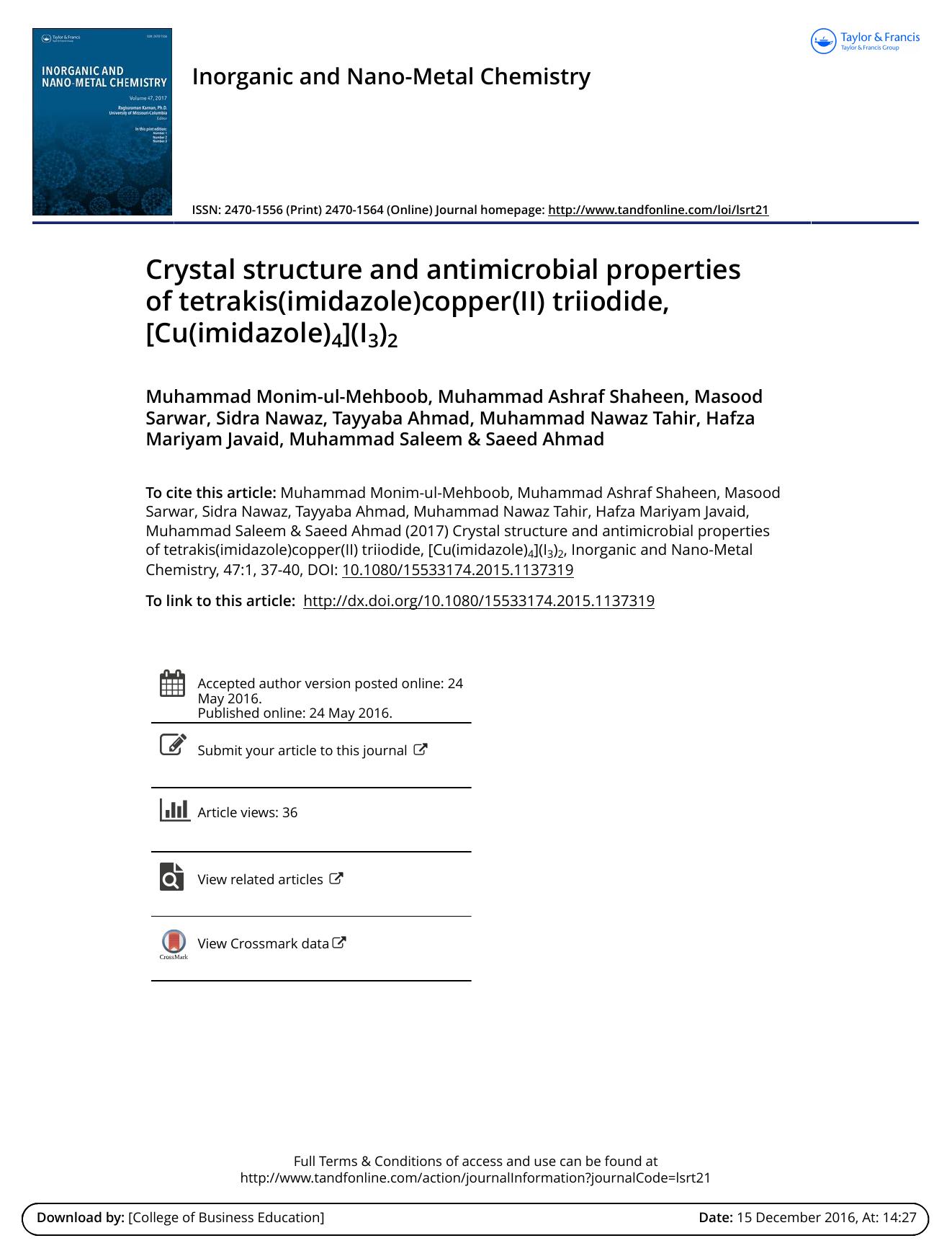 Crystal structure and antimicrobial properties of tetrakis\(imidazole\)copper\(II\) triiodide, [Cu\(imidazole\)4]\(I3\)2 by unknow
