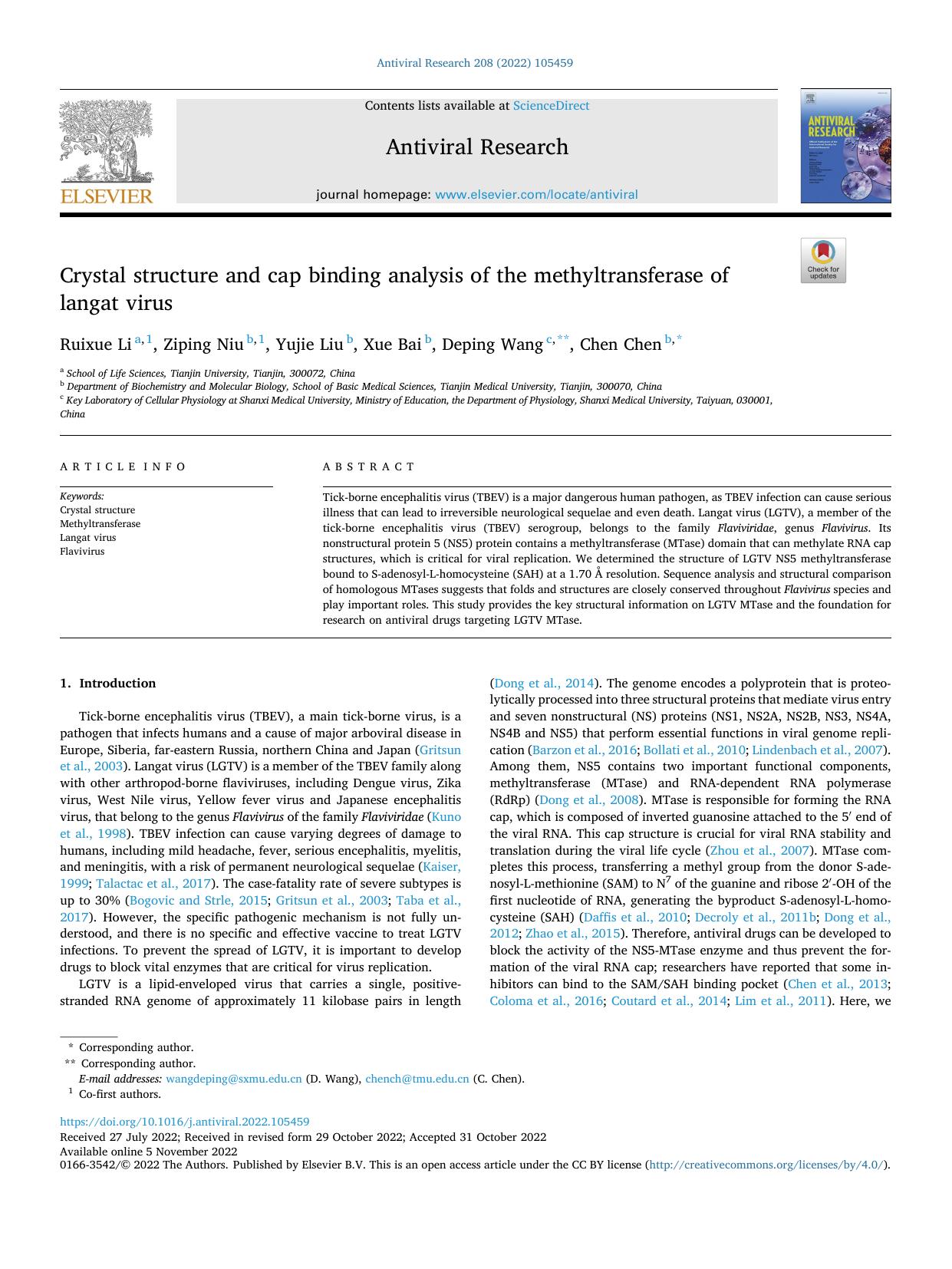 Crystal structure and cap binding analysis of the methyltransferase of langat virus by Ruixue Li & Ziping Niu & Yujie Liu & Xue Bai & Deping Wang & Chen Chen