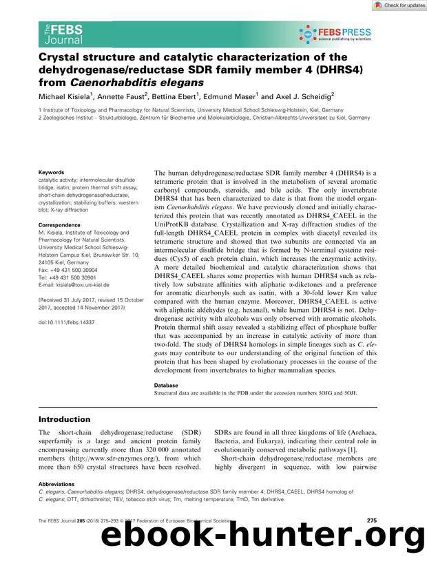 Crystal structure and catalytic characterization of the dehydrogenasereductase SDR family member 4 (DHRS4) from Caenorhabditis elegans by Unknown