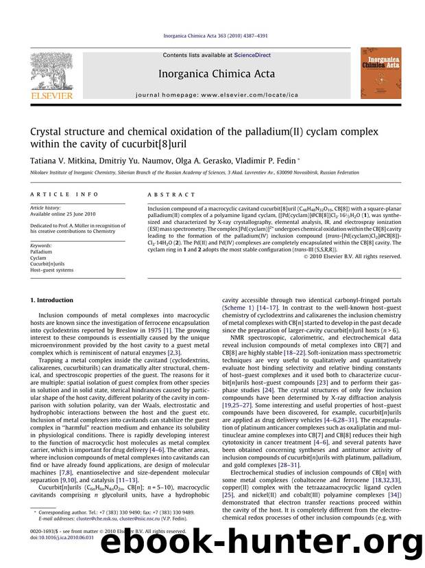 Crystal structure and chemical oxidation of the palladium(II) cyclam complex within the cavity of cucurbit[8]uril by Tatiana V. Mitkina & Dmitriy Yu. Naumov & Olga A. Gerasko & Vladimir P. Fedin