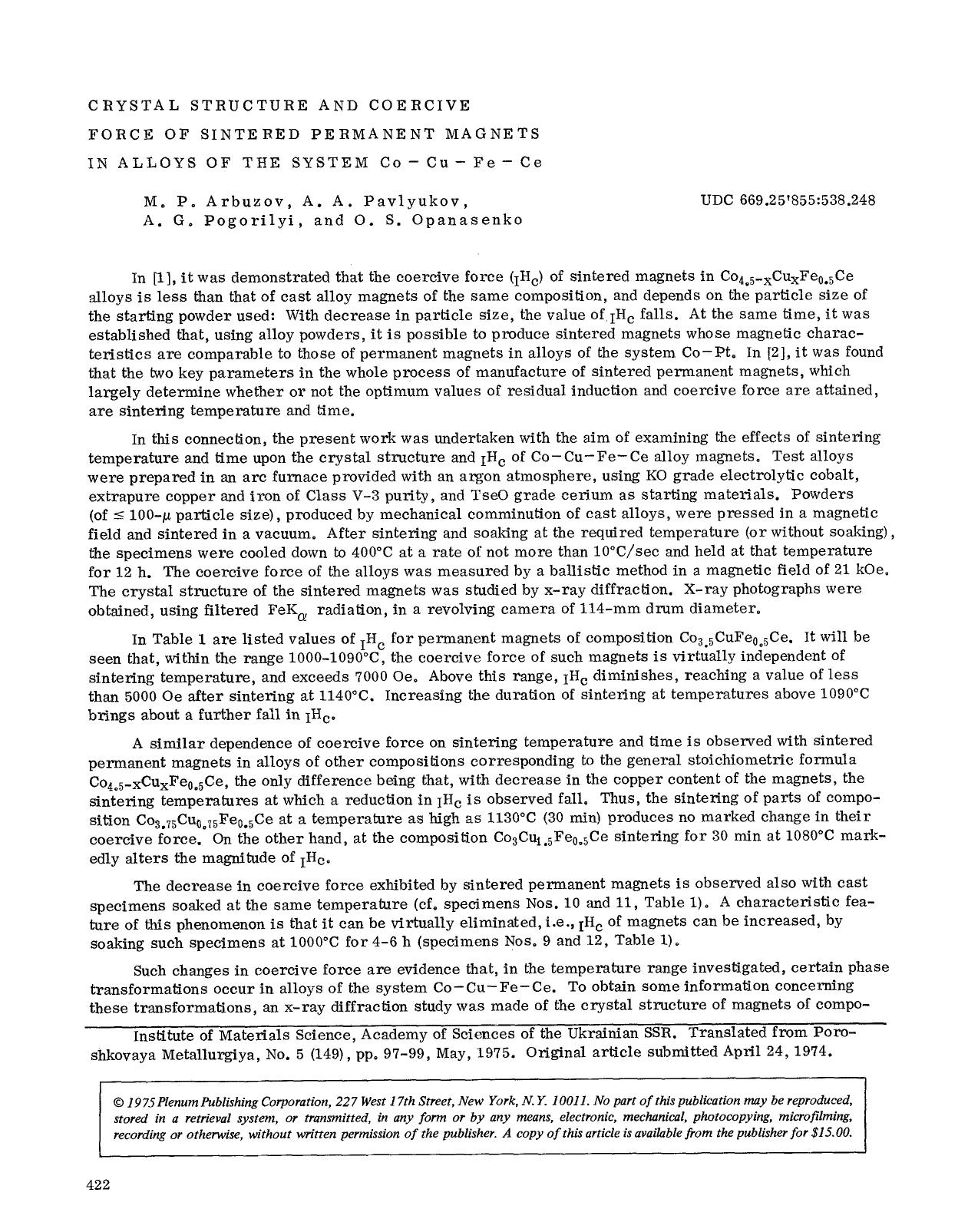Crystal structure and coercive force of sintered permanent magnets in alloys of the system Co-Cu-Fe-Ce by Unknown