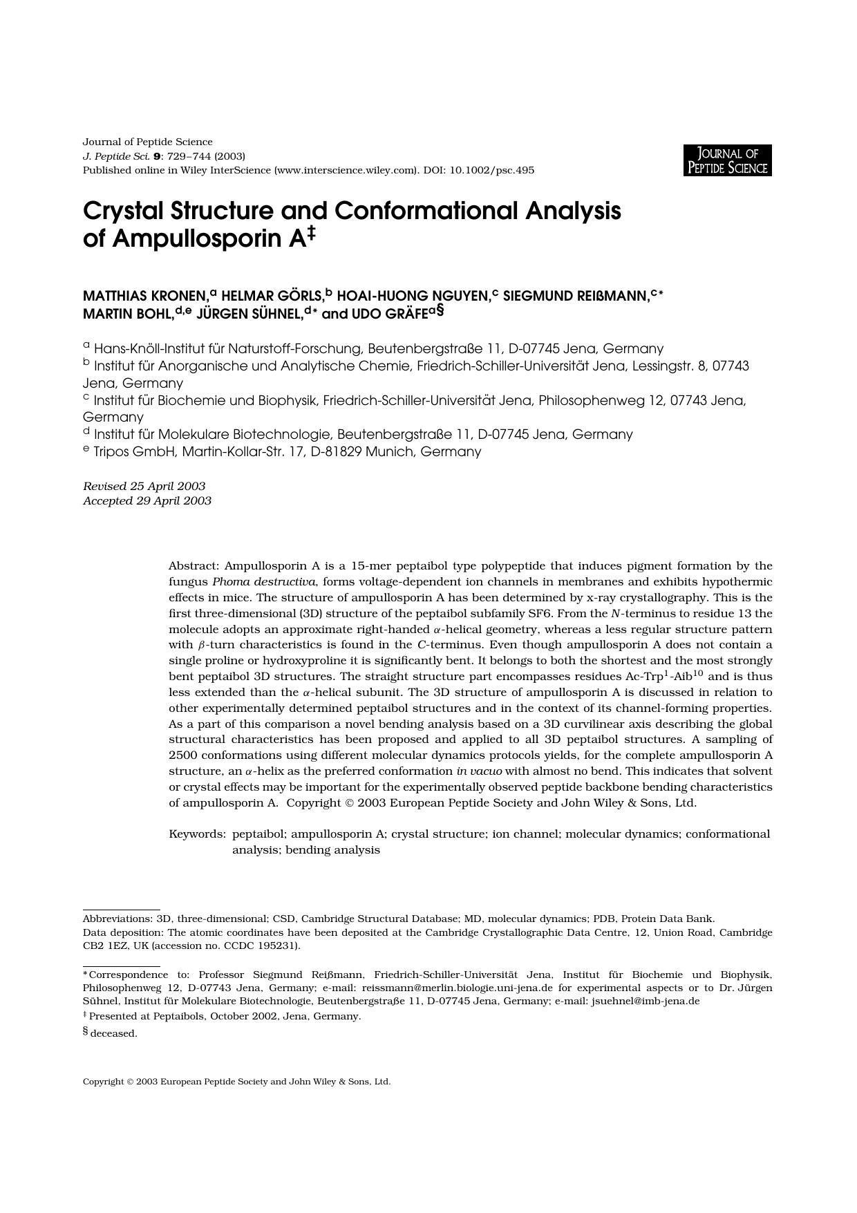 Crystal structure and conformational analysis of ampullosporin A by Unknown