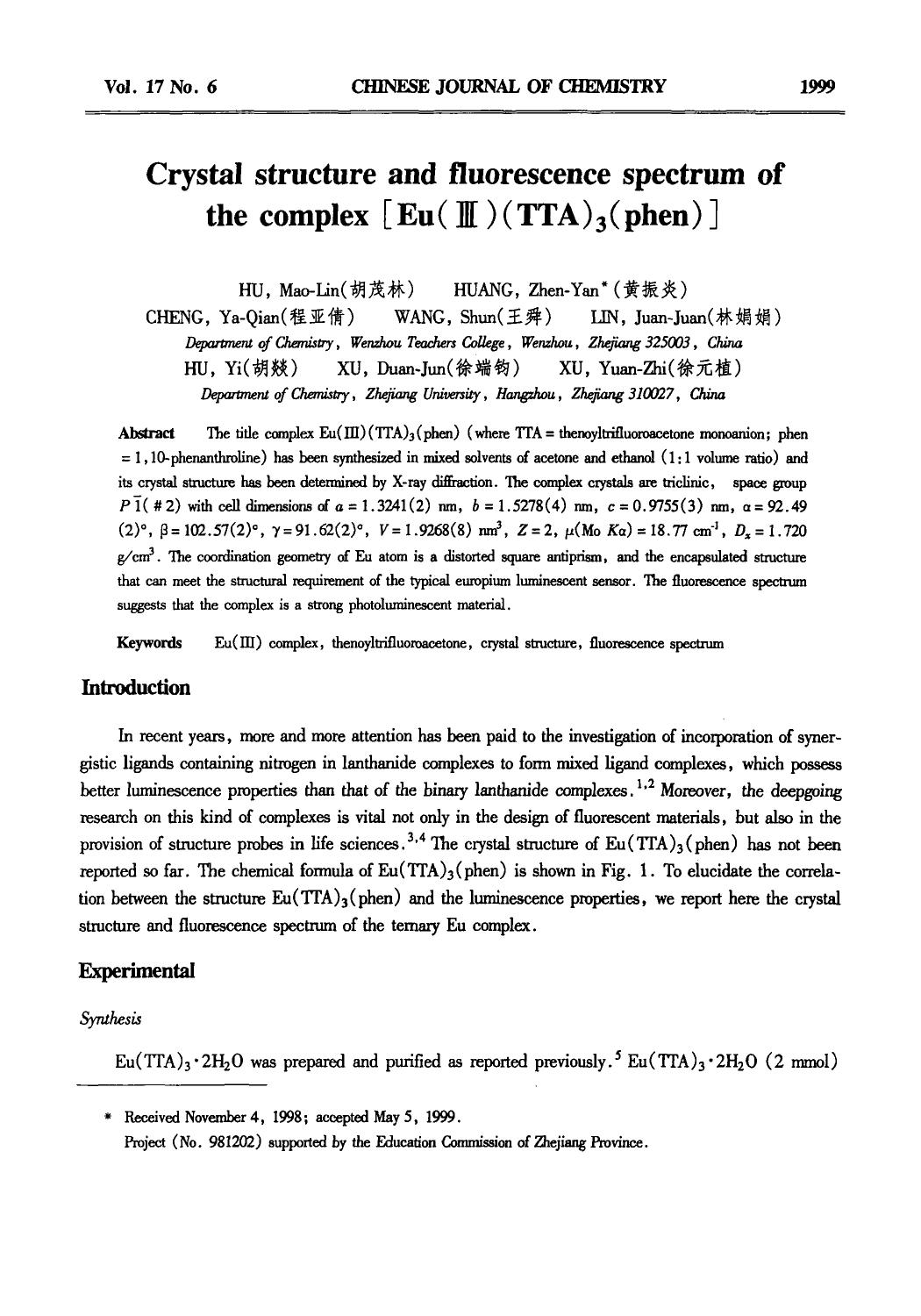 Crystal structure and fluorescence spectrum of the complex [Eu(III)(TTA)3(phen)] by Unknown