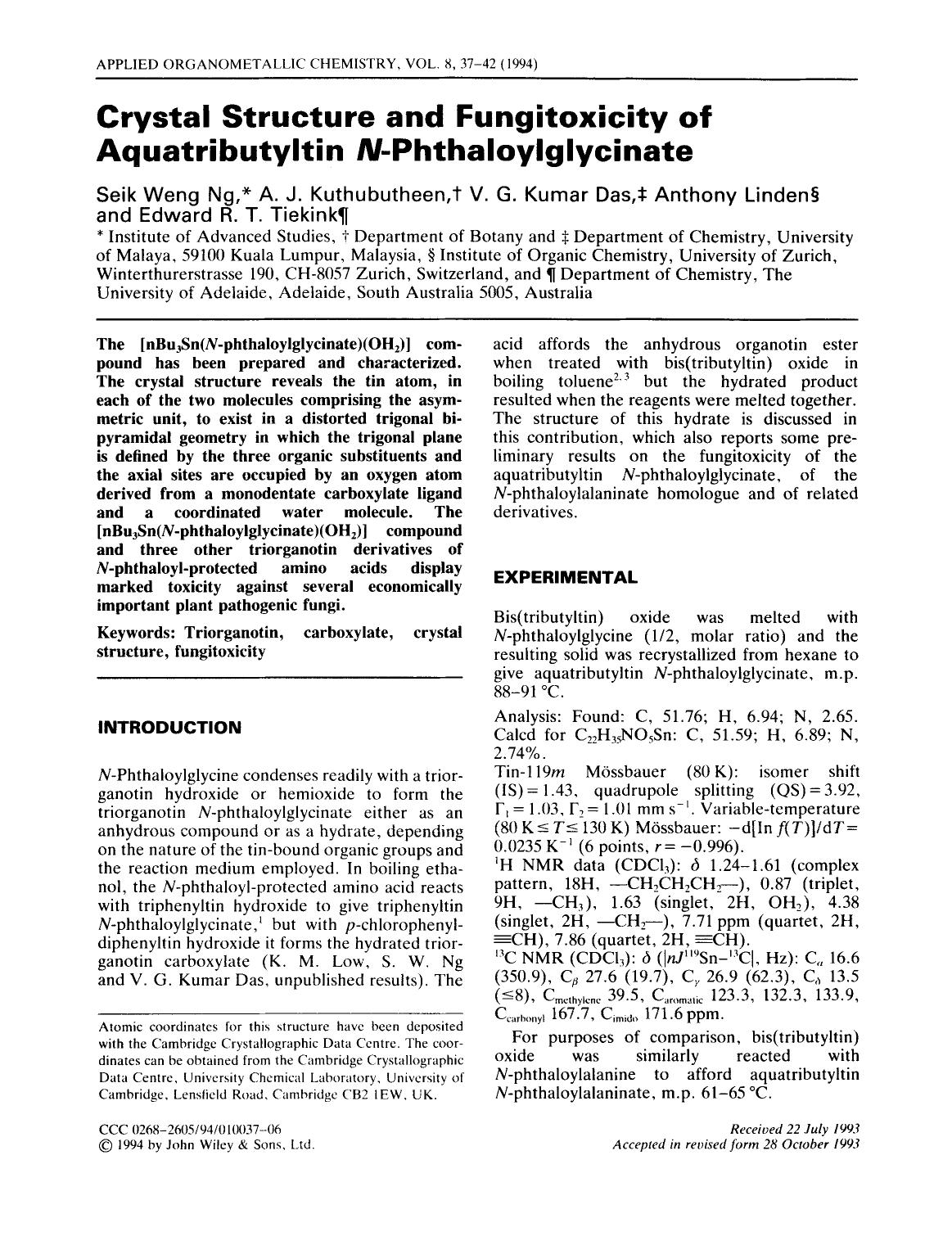Crystal structure and fungitoxicity of aquatributyltin N-phthaloylglycinate by Unknown