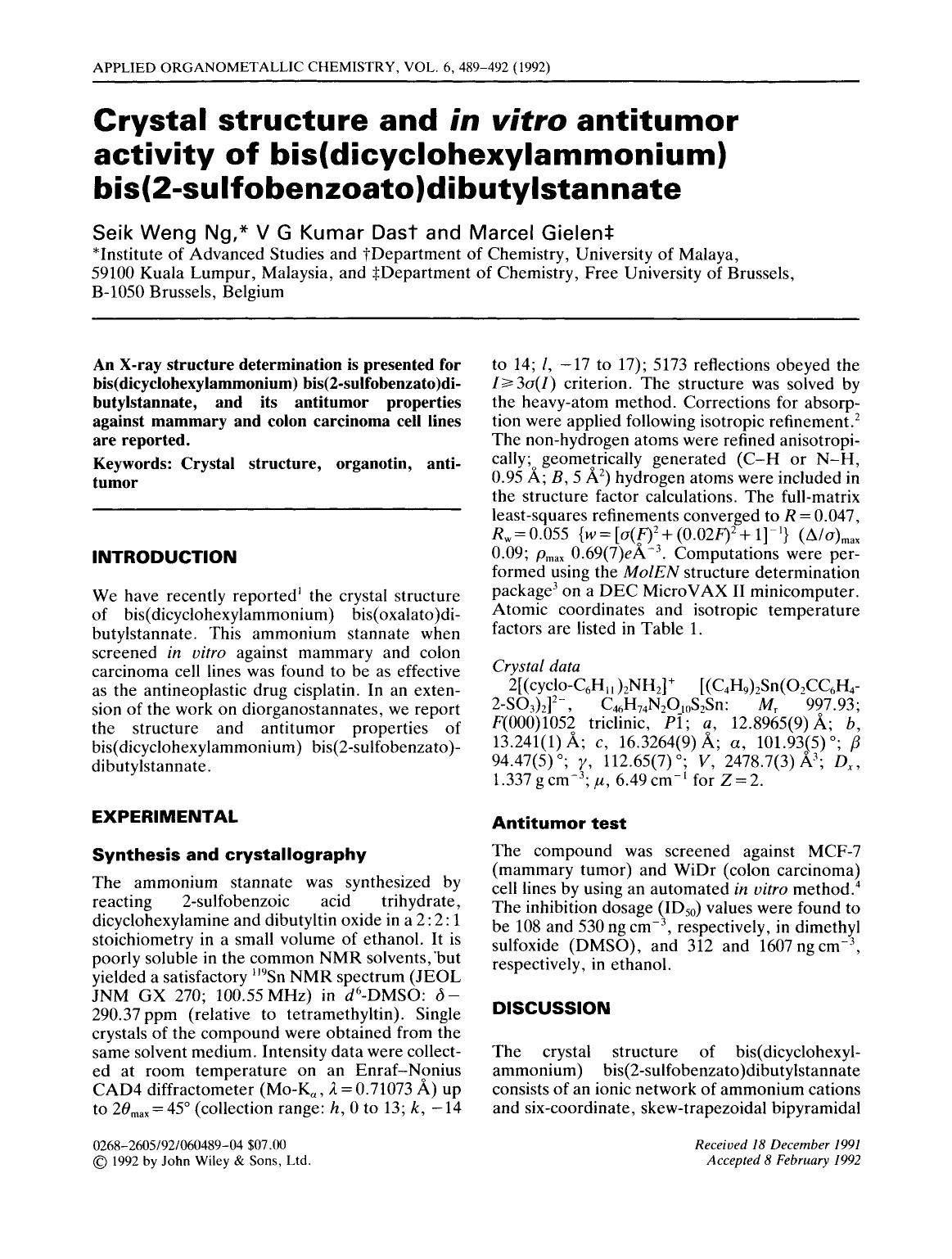 Crystal structure and in vitro antitumor activity of bis(dicyclohexylammonium) bis(2-sulfobenzoato)dibutylstannate by Unknown