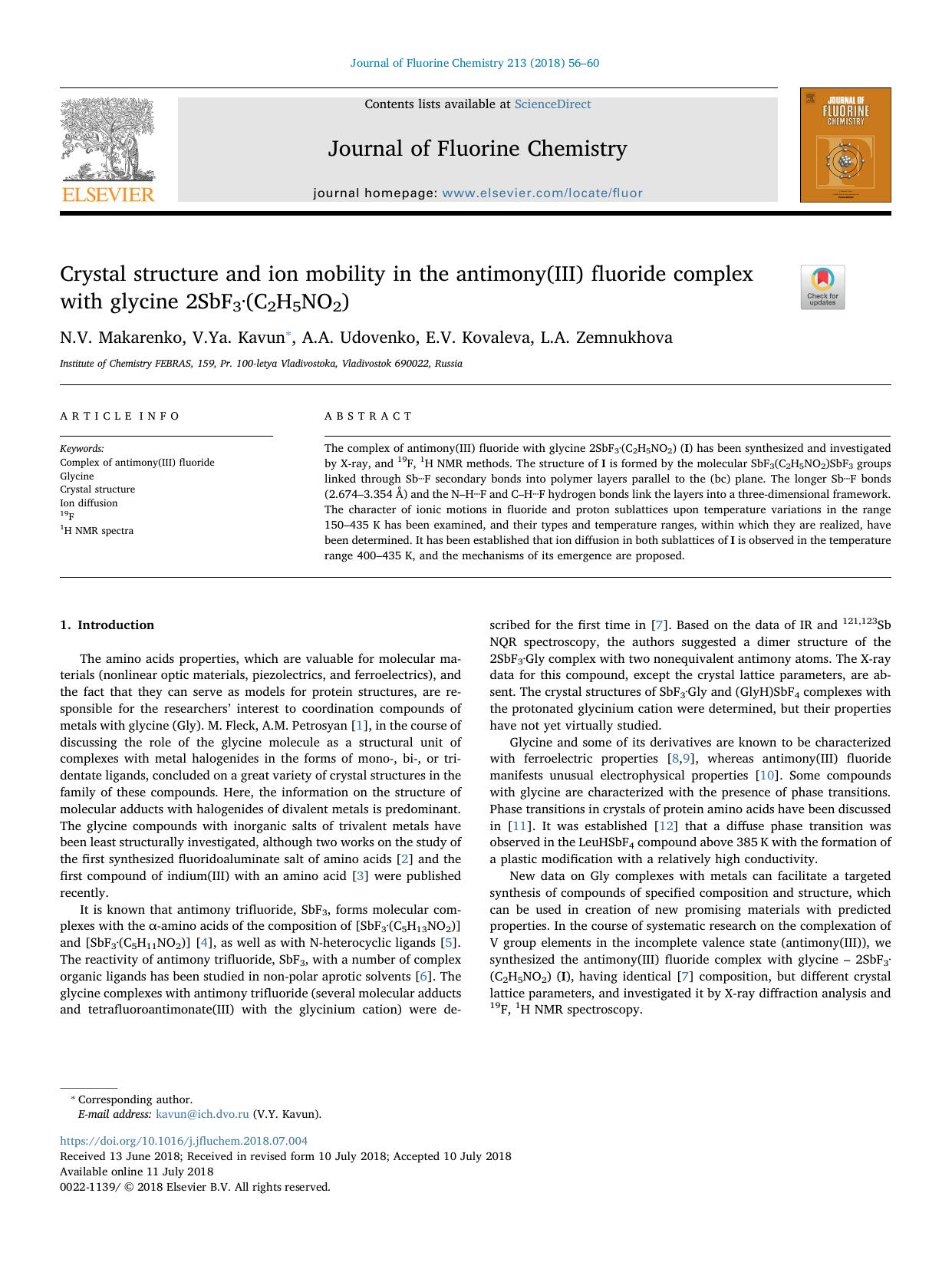 Crystal structure and ion mobility in the antimony(III) fluoride complex with glycine 2SbF3Î(C2H5NO2) by N.V. Makarenko
