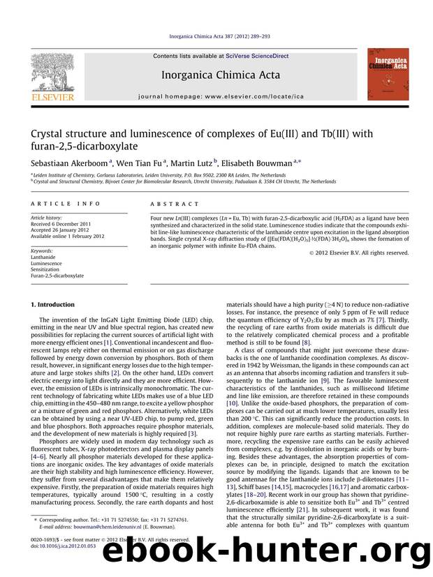 Crystal structure and luminescence of complexes of Eu(III) and Tb(III) with furan-2,5-dicarboxylate by Sebastiaan Akerboom & Wen Tian Fu & Martin Lutz & Elisabeth Bouwman