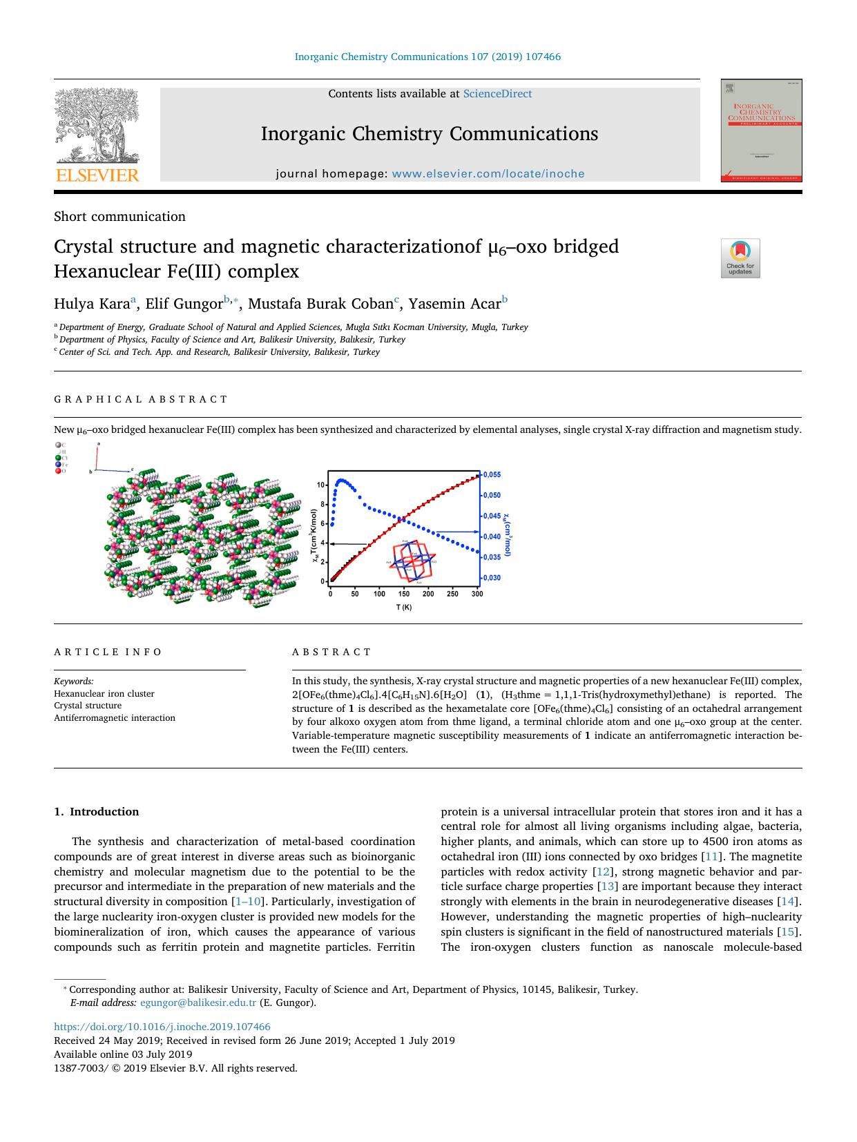 Crystal structure and magnetic characterizationof Î¼6âoxo bridged Hexanuclear Fe(III) complex by Hulya Kara & Elif Gungor & Mustafa Burak Coban & Yasemin Acar