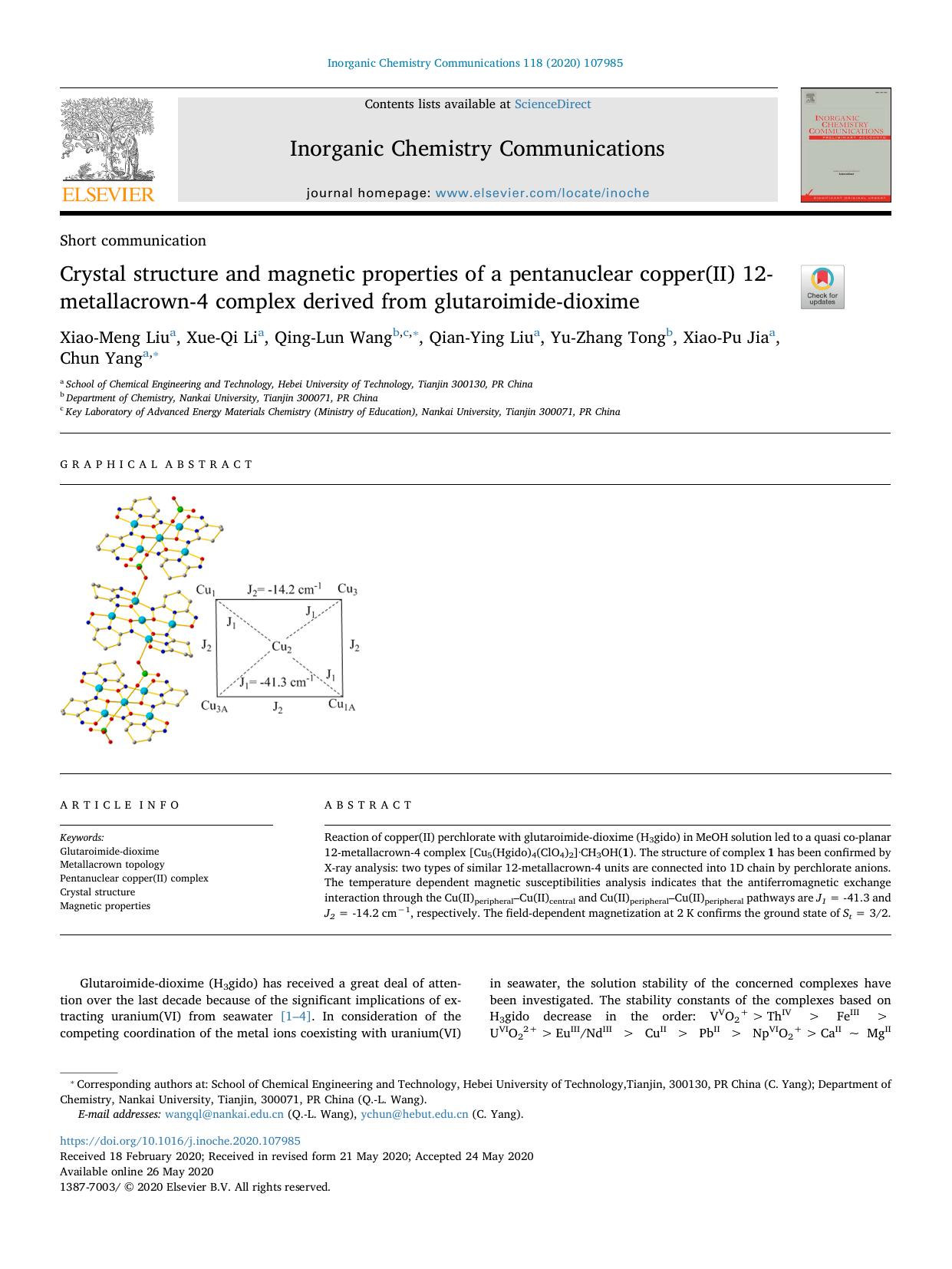 Crystal structure and magnetic properties of a pentanuclear copper(II) 12-metallacrown-4 complex derived from glutaroimide-dioxime by Xiao-Meng Liu & Xue-Qi Li & Qing-Lun Wang & Qian-Ying Liu & Yu-Zhang Tong & Xiao-Pu Jia & Chun Yang